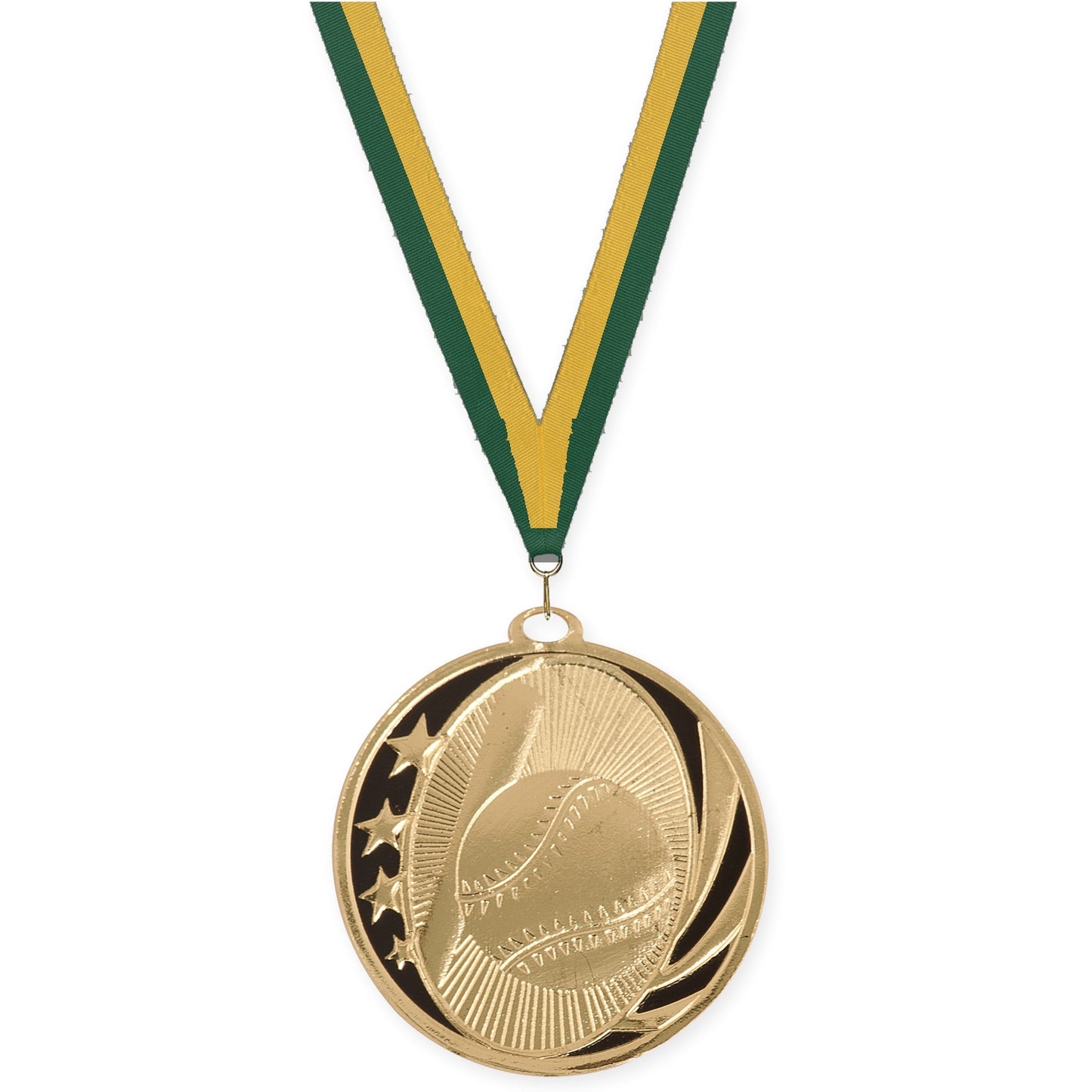 2 inch baseball and softball MidNite Star medal in bright gold with Hunter Green Gold neck ribbon