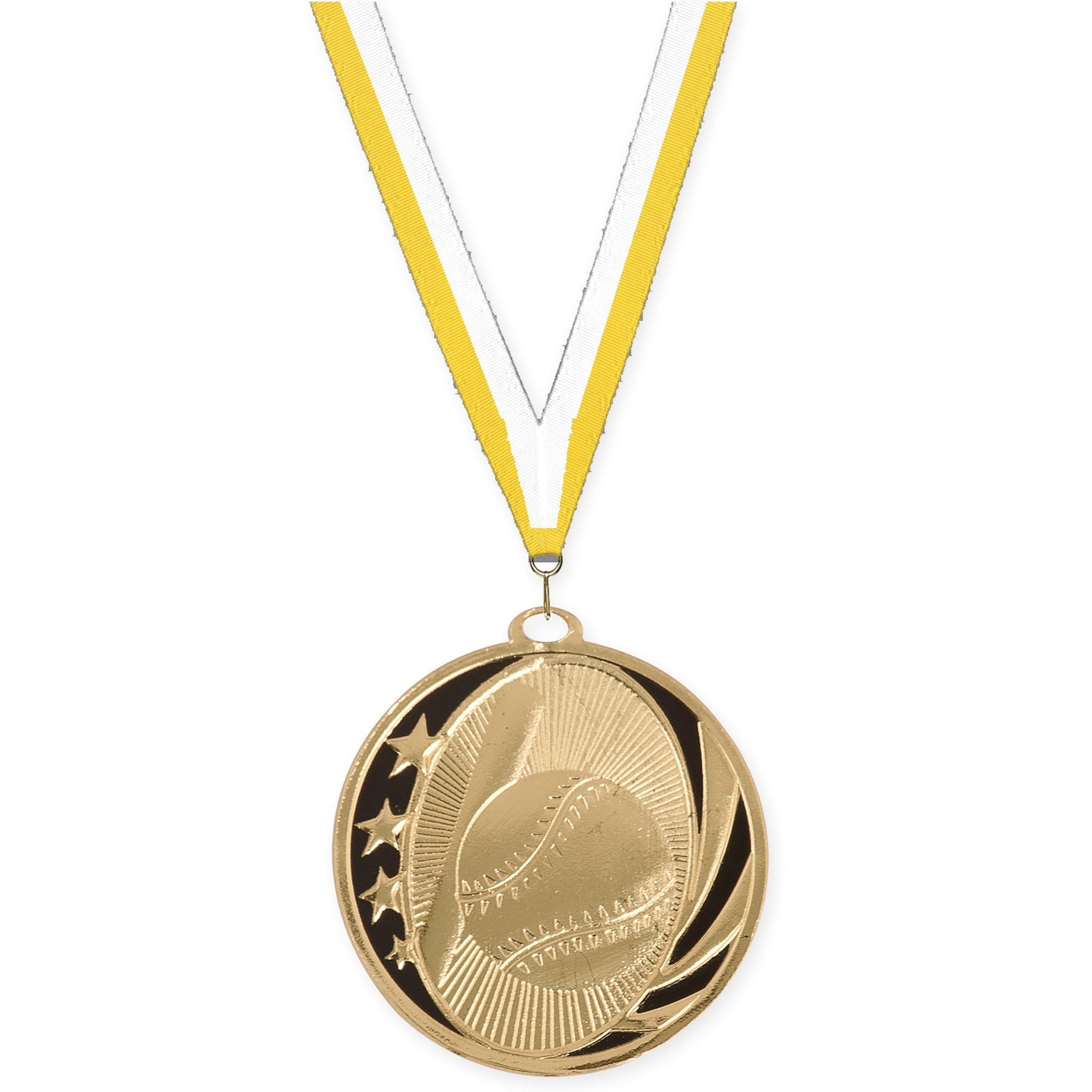 2 inch baseball and softball MidNite Star medal in bright gold with Yellow White neck ribbon
