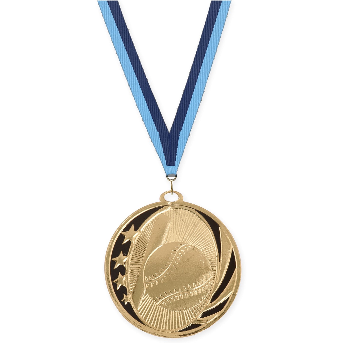 2 inch baseball and softball MidNite Star medal in bright gold with Light Blue Navy neck ribbon