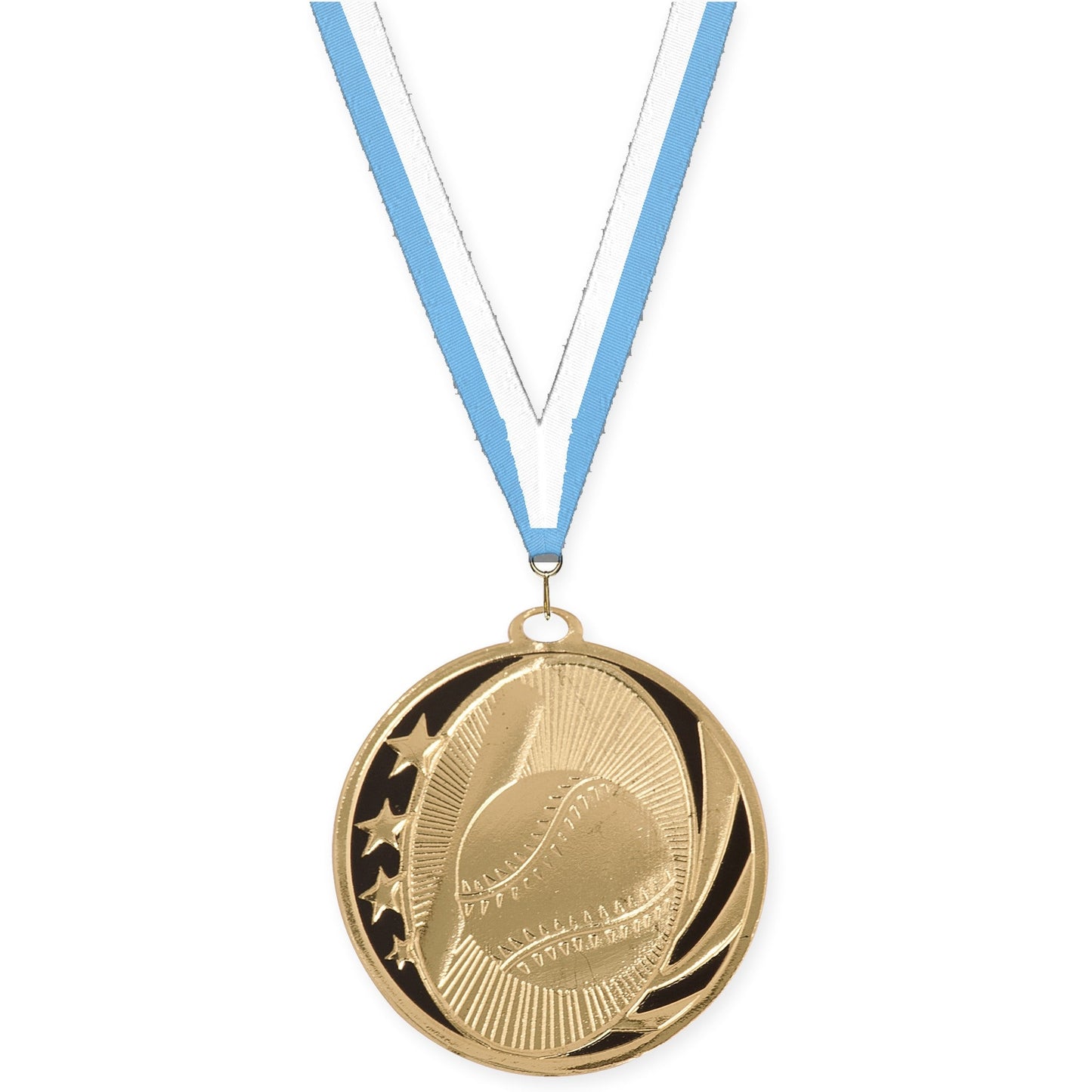 2 inch baseball and softball MidNite Star medal in bright gold with Light Blue White neck ribbon