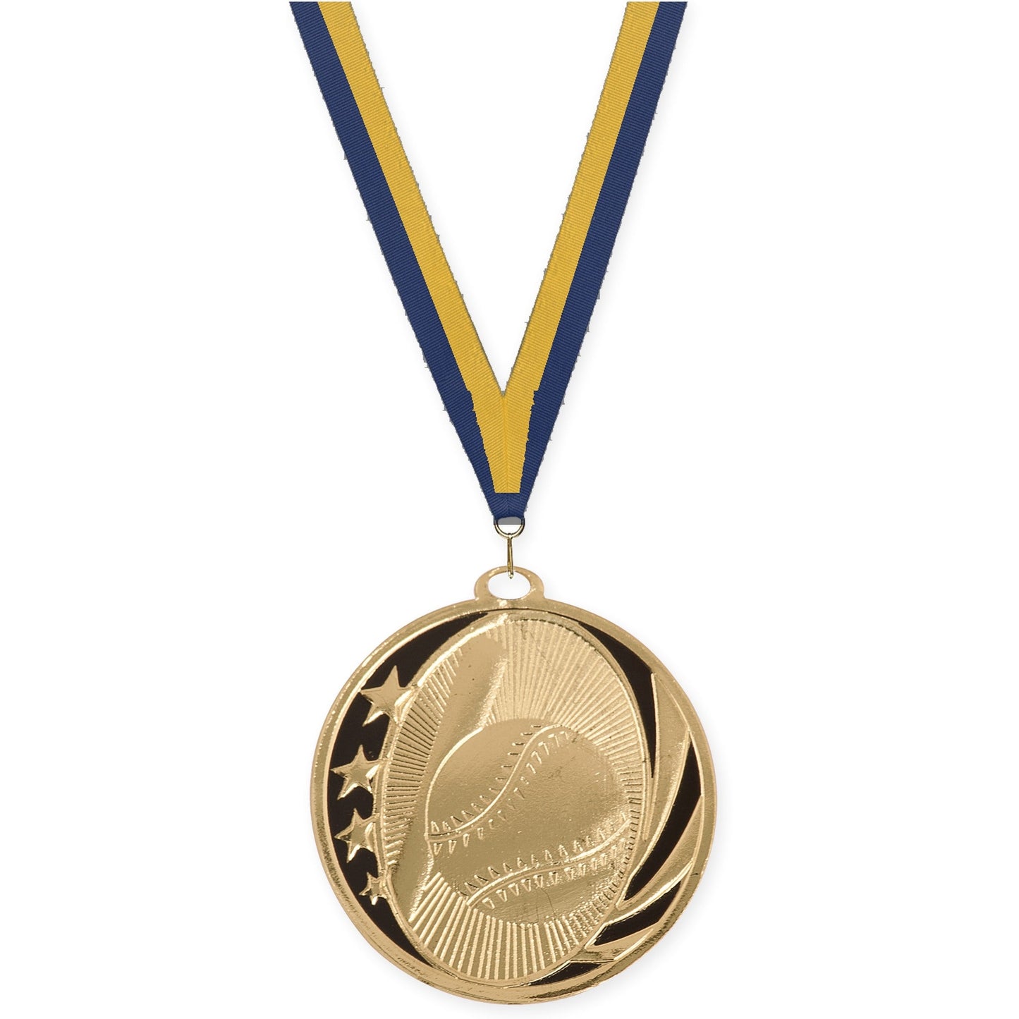 2 inch baseball and softball MidNite Star medal in bright gold with Navy Gold neck ribbon