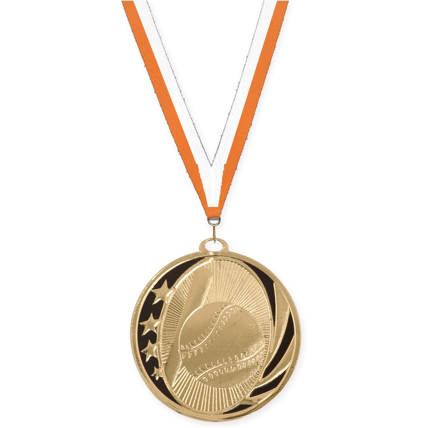 2 inch baseball and softball MidNite Star medal in bright gold with Orange White neck ribbon