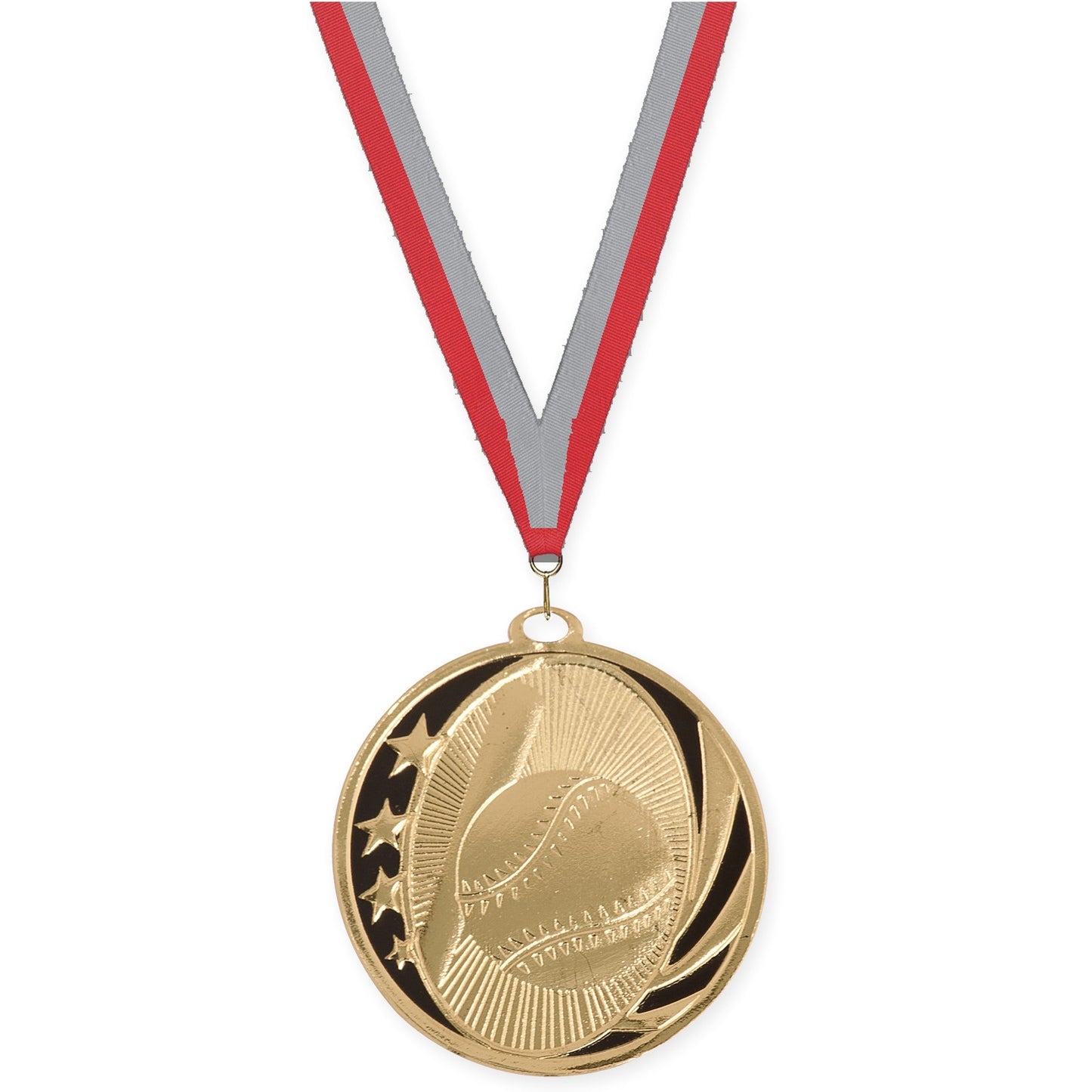2 inch baseball and softball MidNite Star medal in bright gold with Red Gray neck ribbon