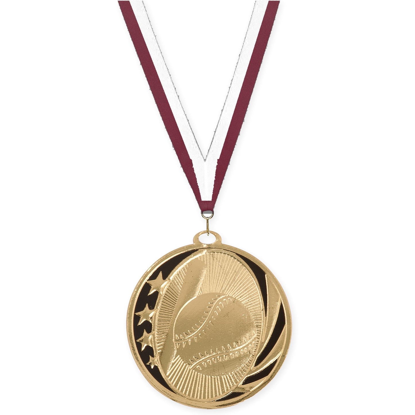 2 inch baseball and softball MidNite Star medal in bright gold with Maroon White neck ribbon