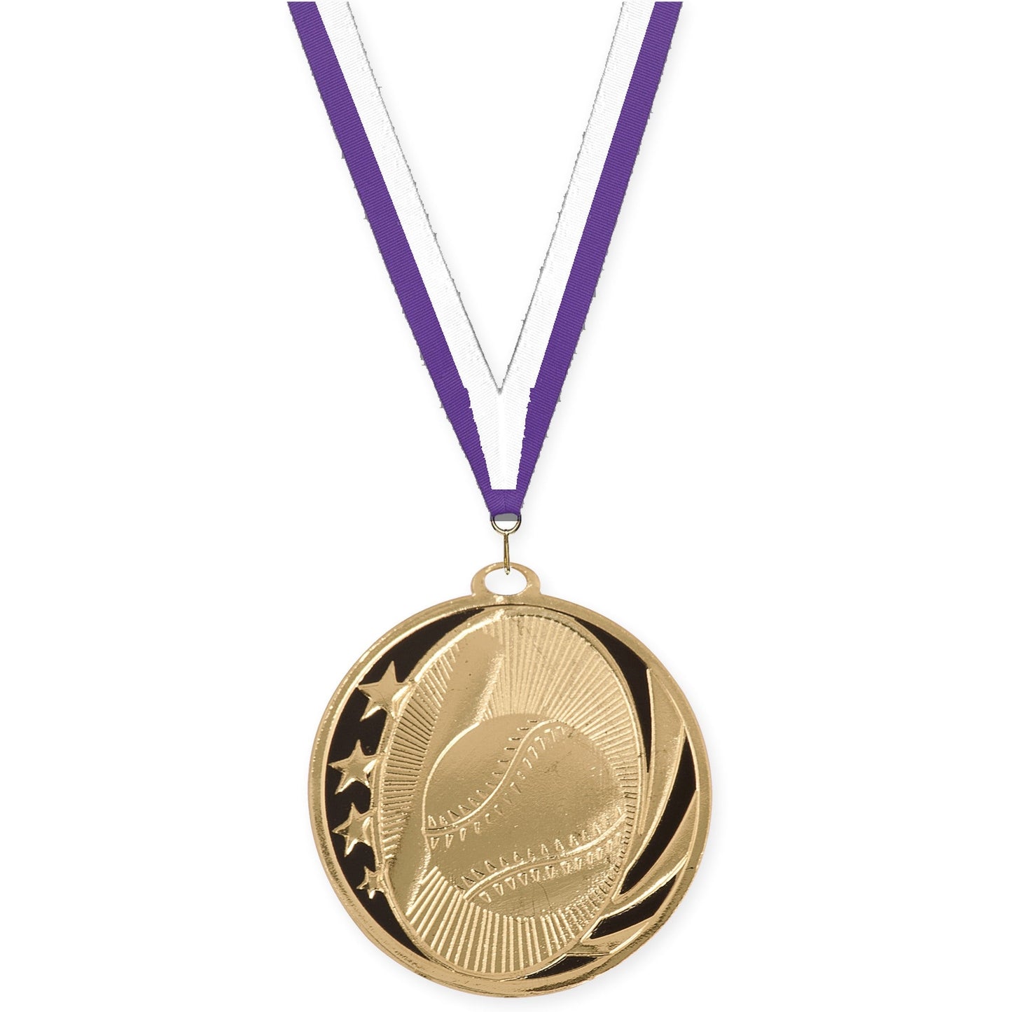 2 inch baseball and softball MidNite Star medal in bright gold with Purple White neck ribbon