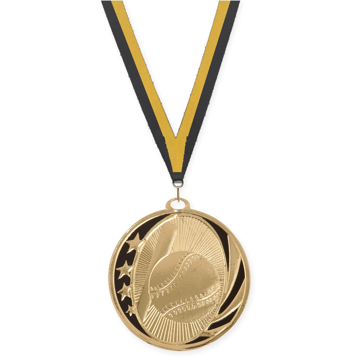 2 inch baseball and softball MidNite Star medal in bright gold with Black Gold neck ribbon