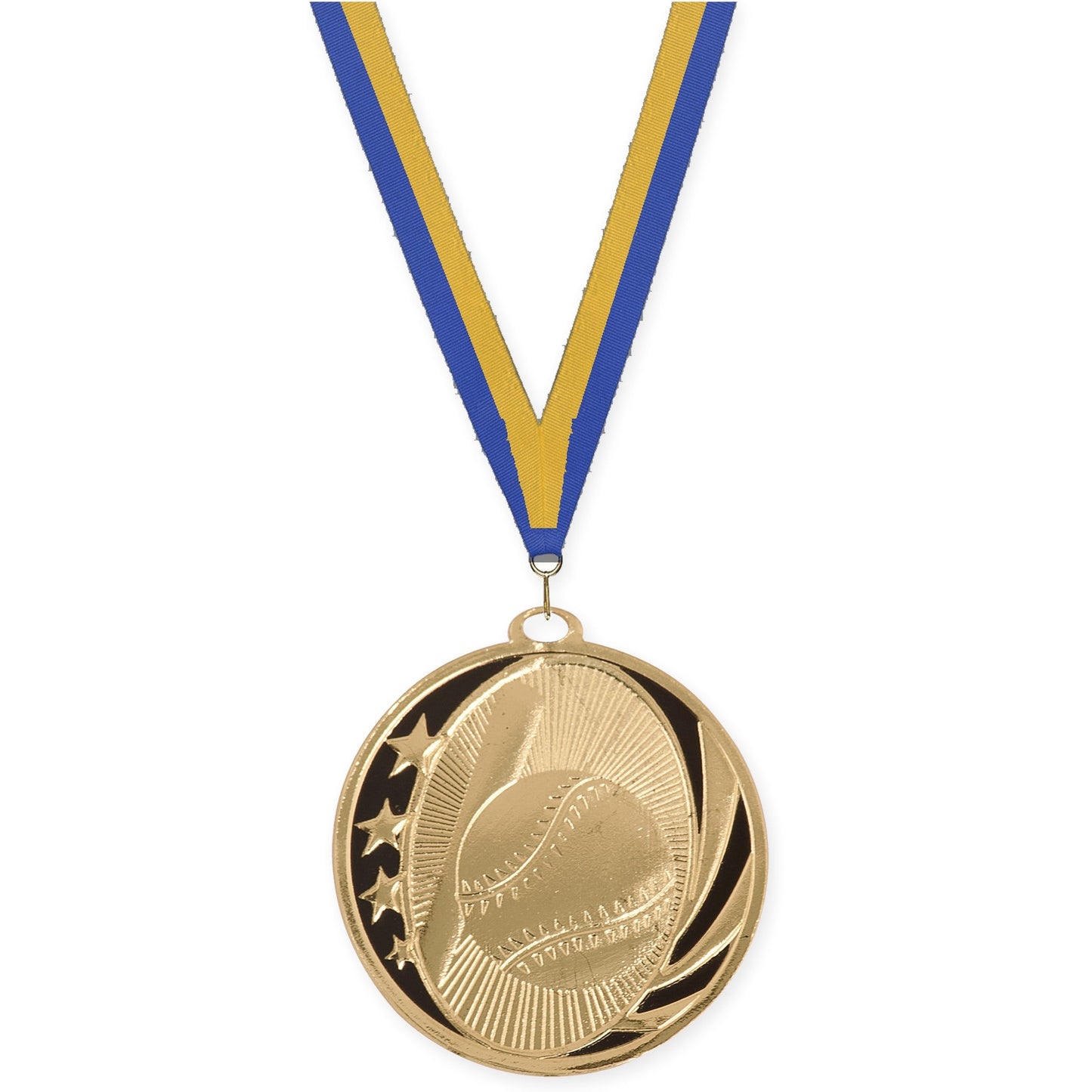 2 inch baseball and softball MidNite Star medal in bright gold with Blue Gold neck ribbon