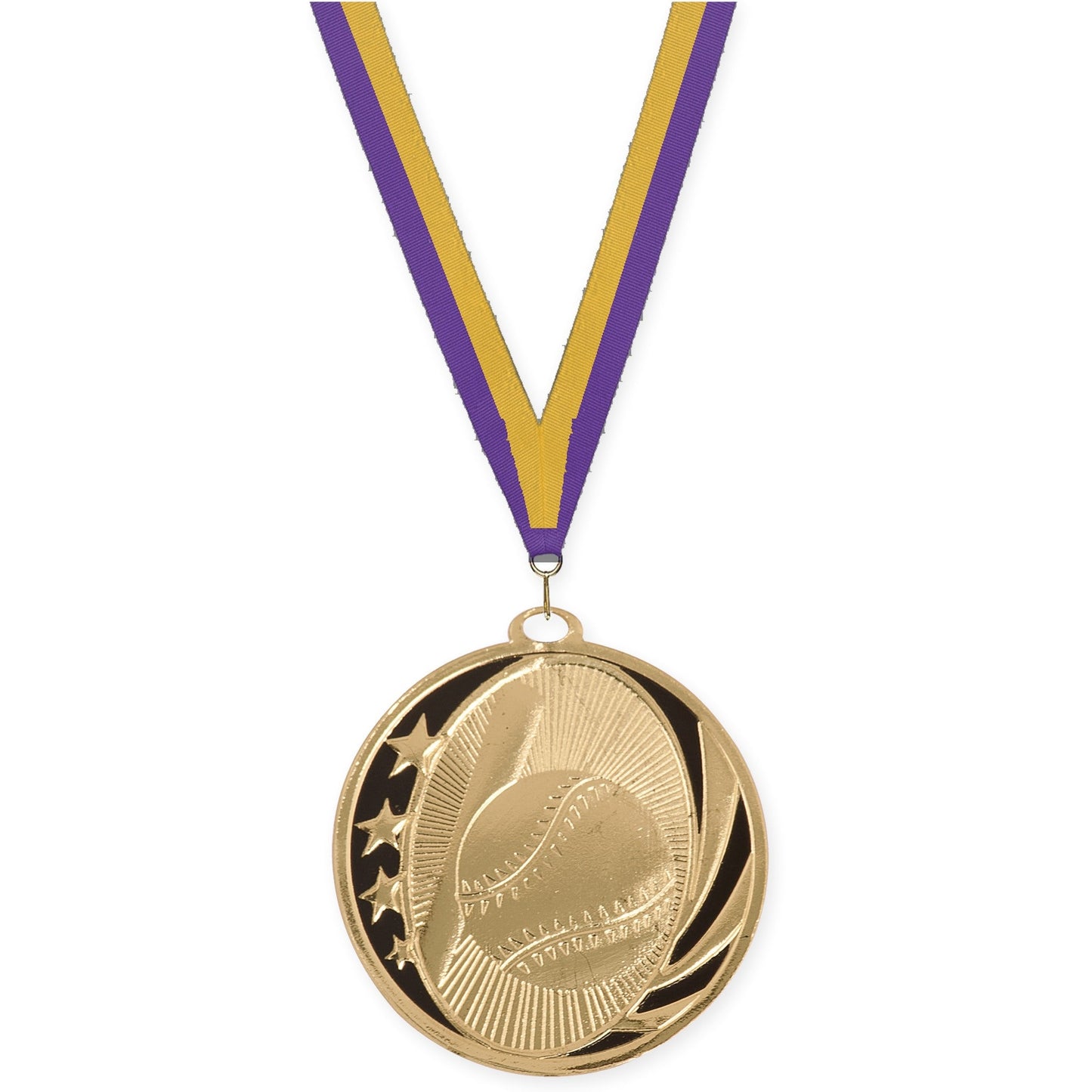 2 inch baseball and softball MidNite Star medal in bright gold with Purple Gold neck ribbon