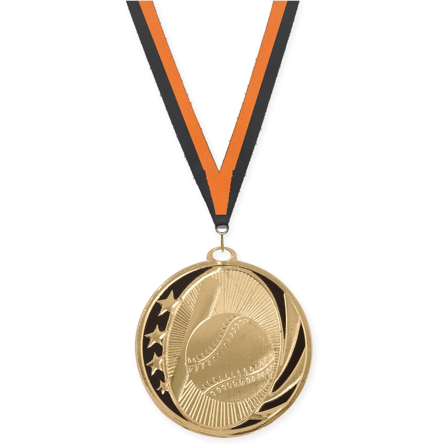 2 inch baseball and softball MidNite Star medal in bright gold with Black Orange neck ribbon