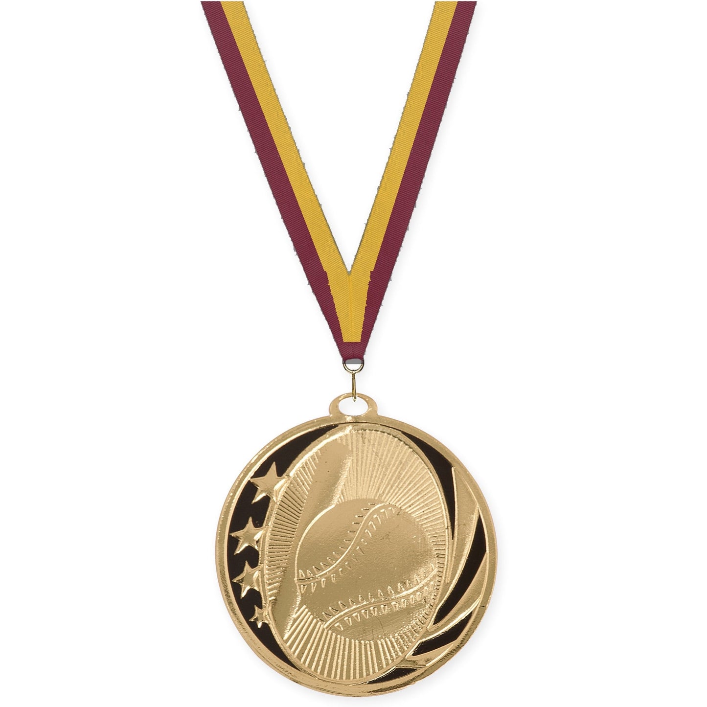 2 inch baseball and softball MidNite Star medal in bright gold with Maroon Gold neck ribbon