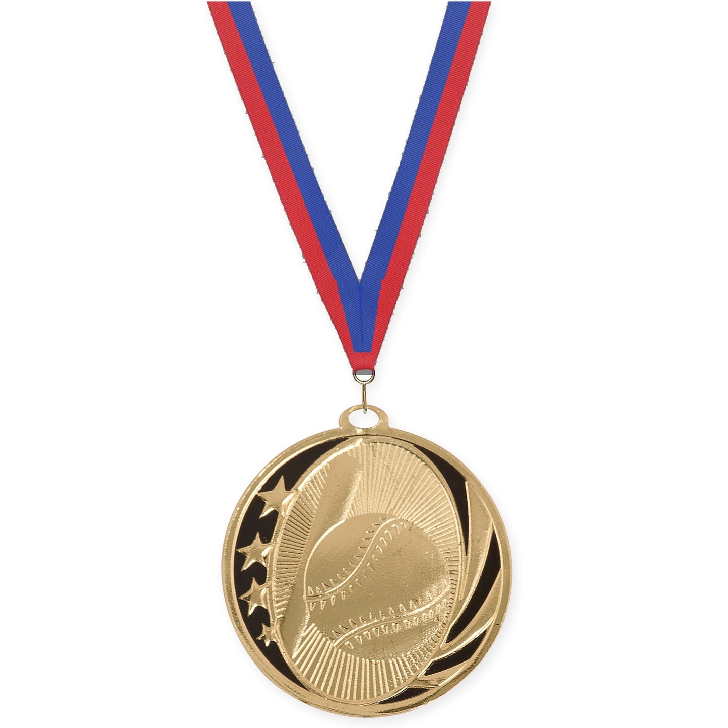 2 inch baseball and softball MidNite Star medal in bright gold with Blue Red neck ribbon