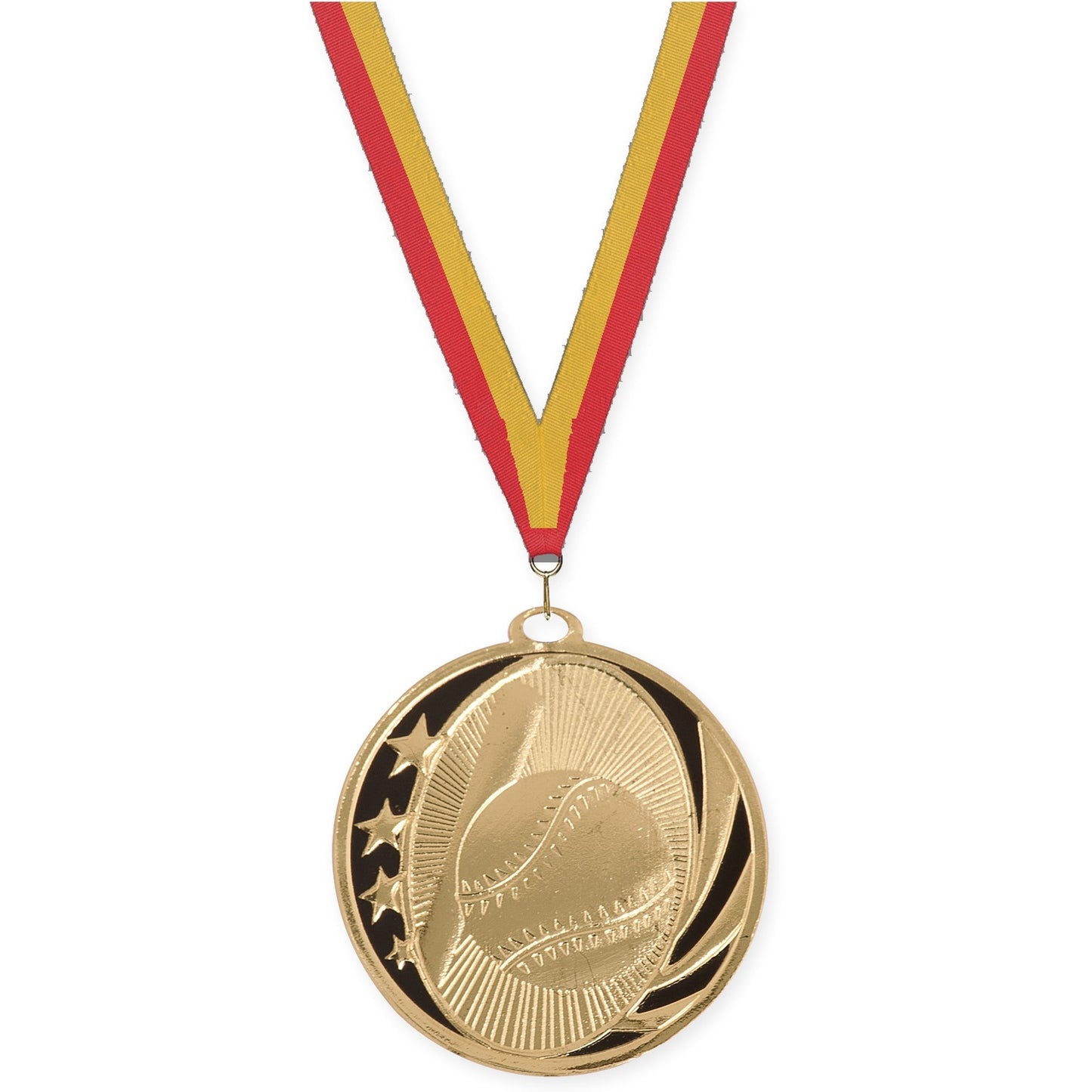 2 inch baseball and softball MidNite Star medal in bright gold with Red Gold neck ribbon
