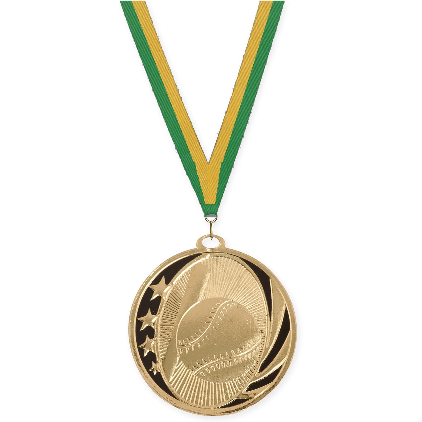 2 inch baseball and softball MidNite Star medal in bright gold with Green Gold neck ribbon
