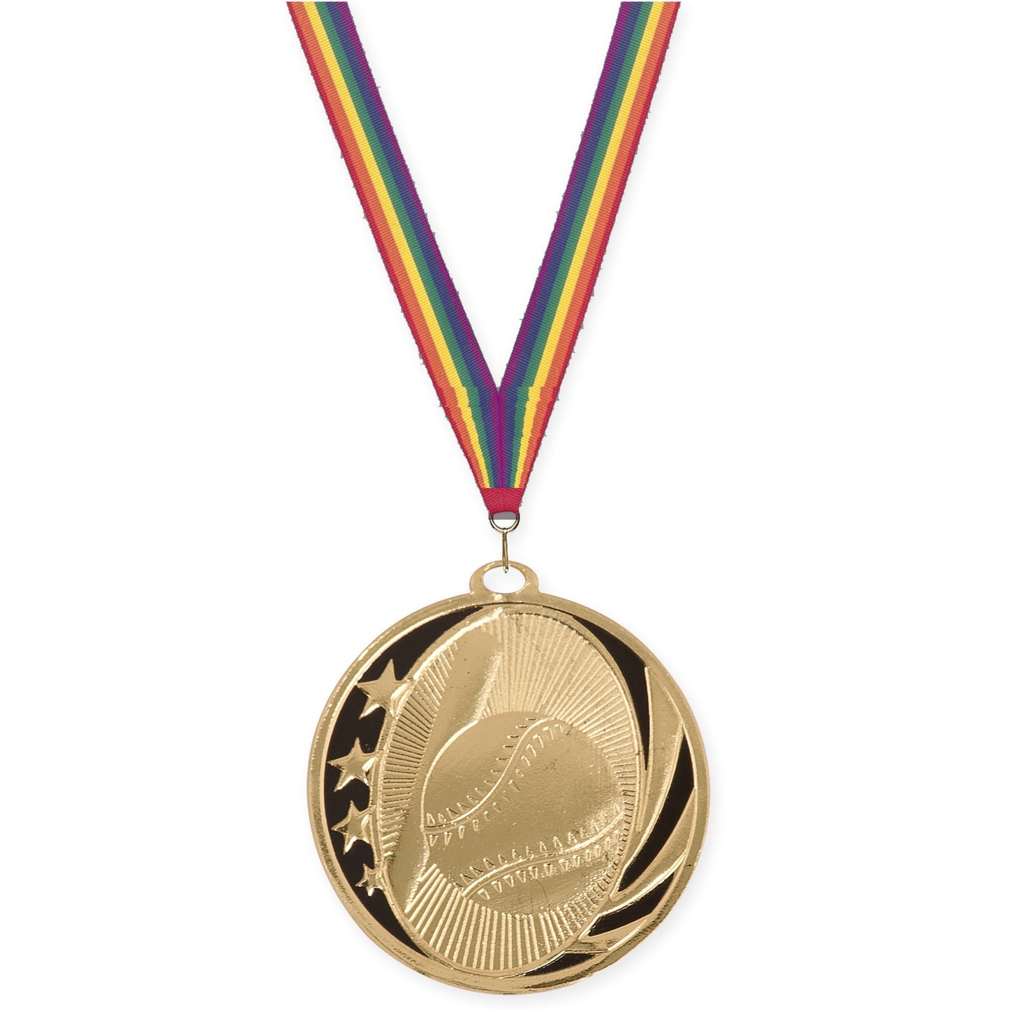 2 inch baseball and softball MidNite Star medal in bright gold with Rainbow neck ribbon