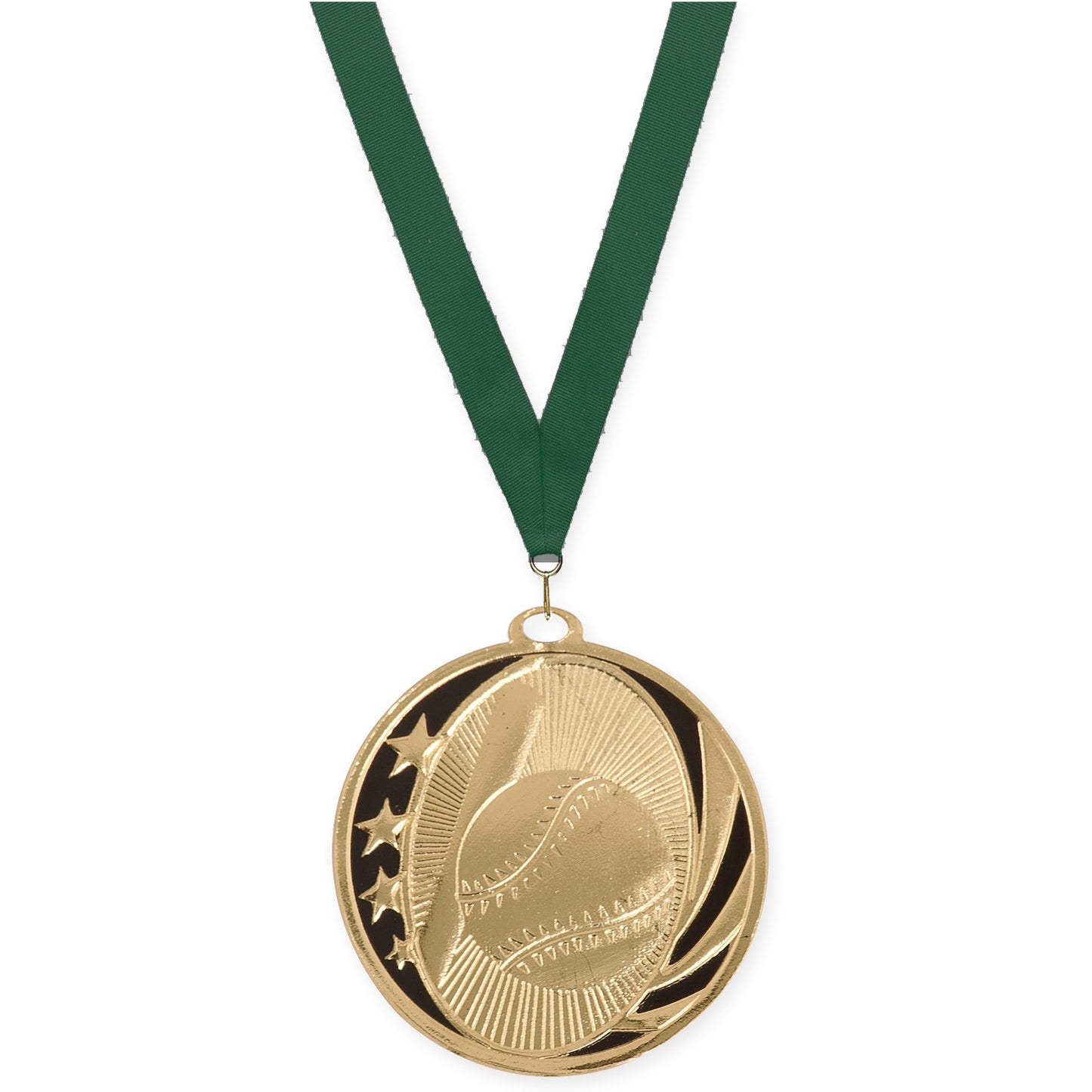 2 inch baseball and softball MidNite Star medal in bright gold with Hunter Green neck ribbon
