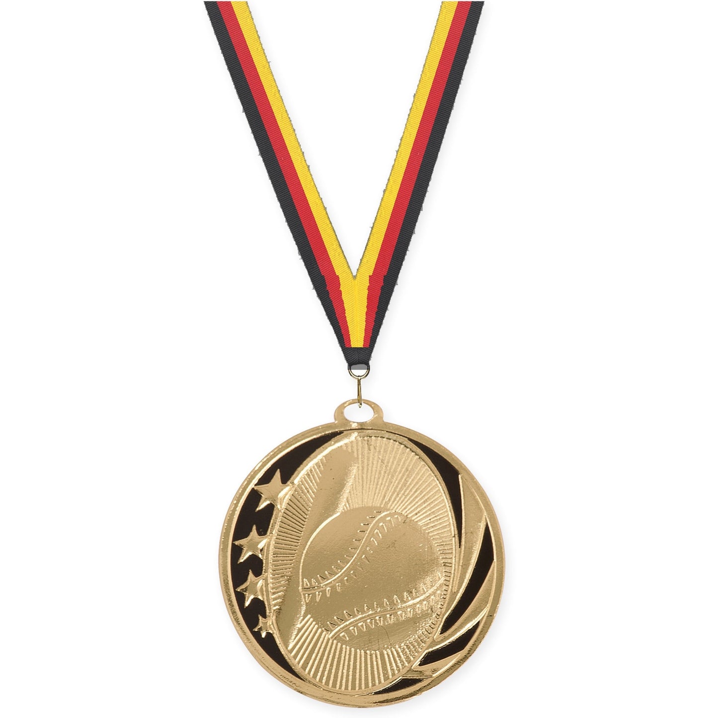 2 inch baseball and softball MidNite Star medal in bright gold with Black Red Yellow neck ribbon