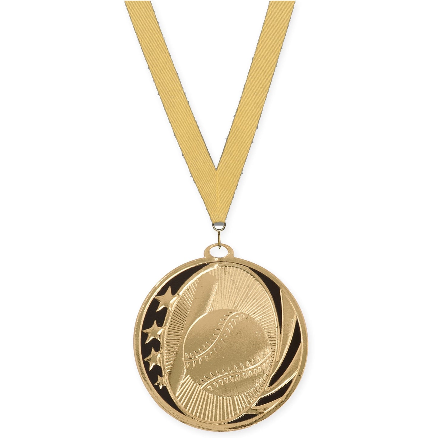 2 inch baseball and softball MidNite Star medal in bright gold with Gold Metallic neck ribbon