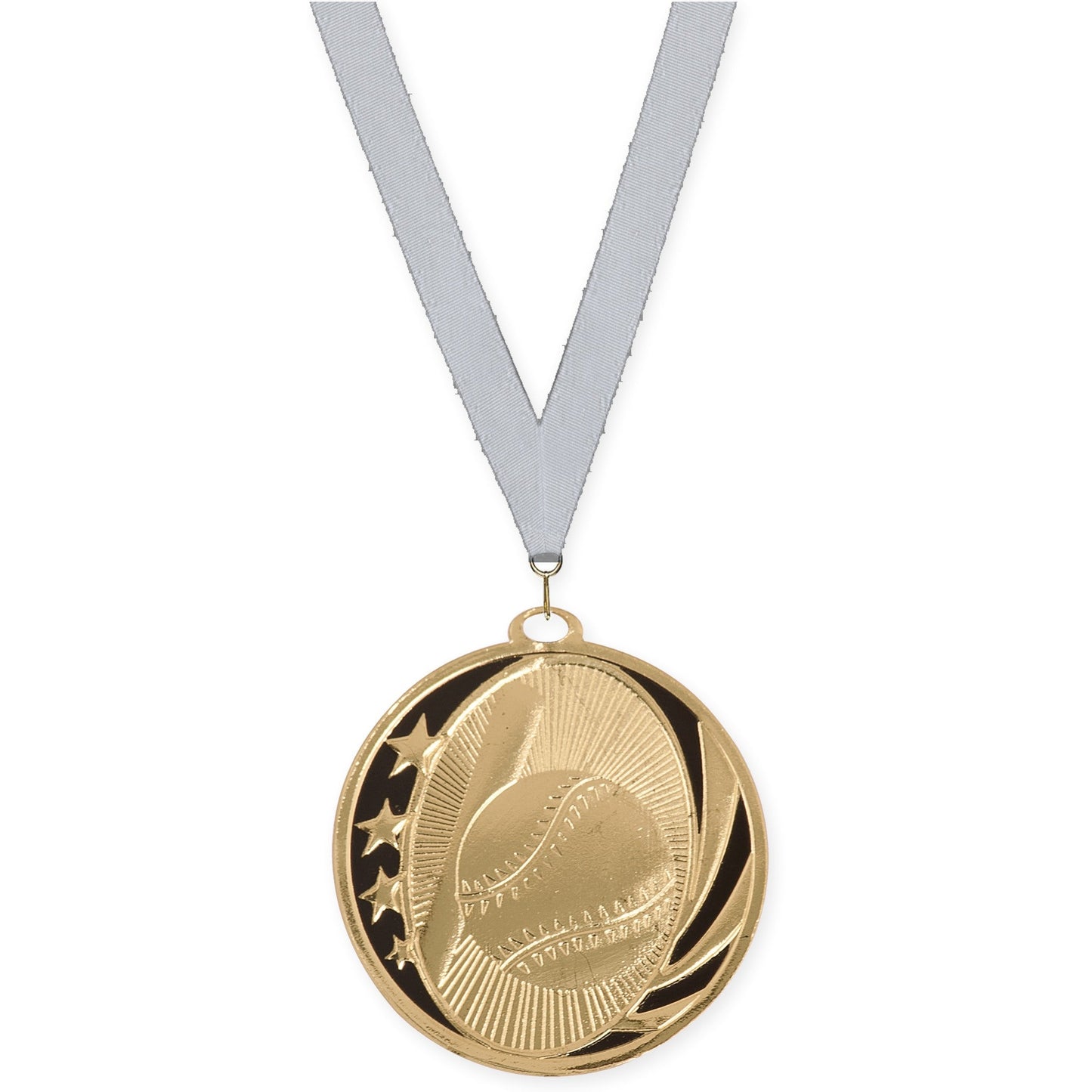 2 inch baseball and softball MidNite Star medal in bright gold with Silver Metallic neck ribbon