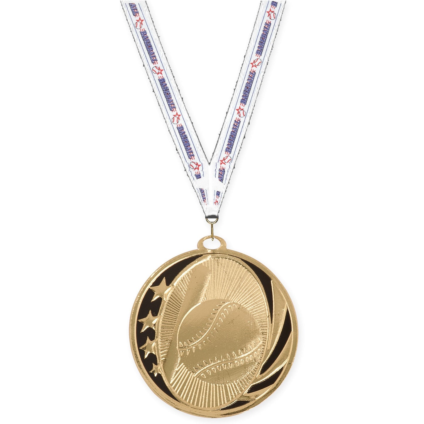 2 inch baseball and softball MidNite Star medal in bright gold with Baseball neck ribbon