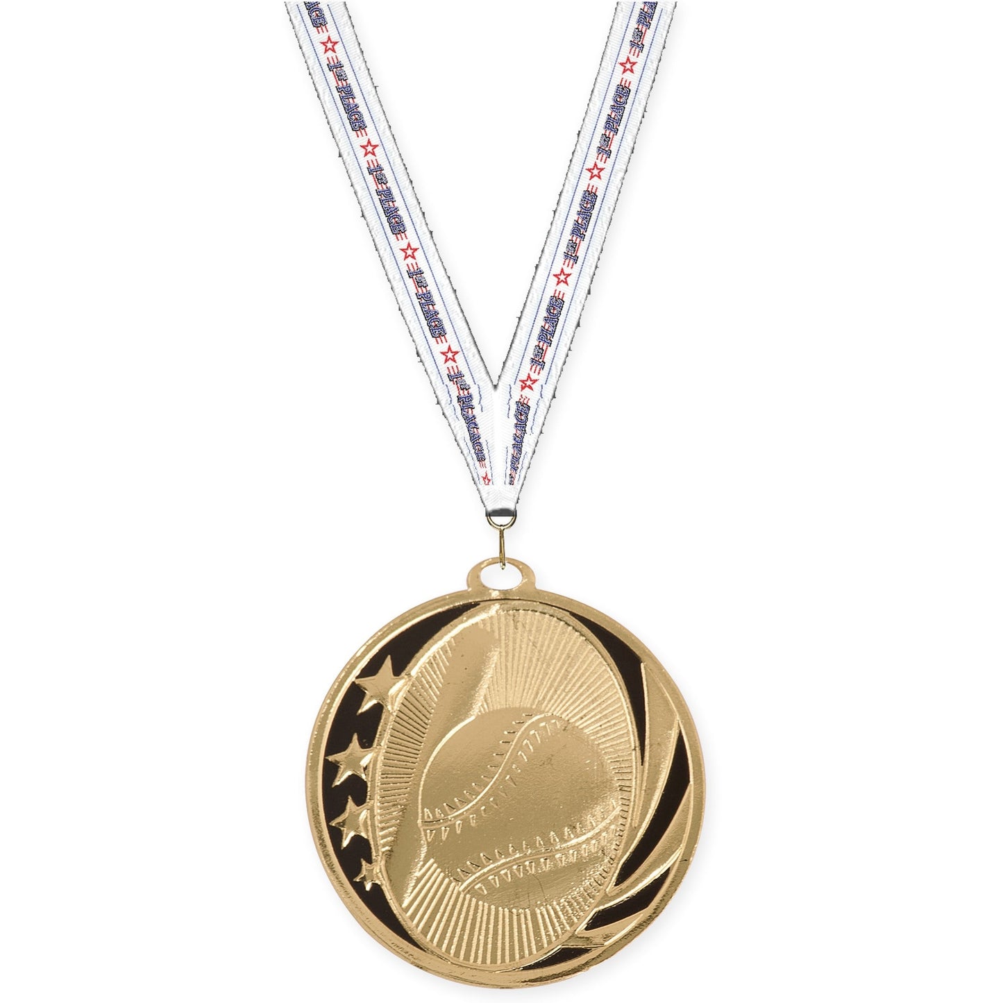 2 inch baseball and softball MidNite Star medal in bright gold with 1st Place neck ribbon