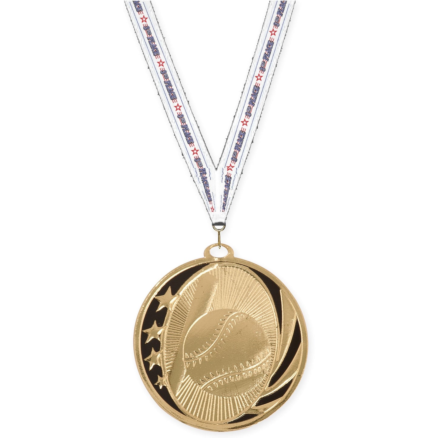 2 inch baseball and softball MidNite Star medal in bright gold with 3rd Place neck ribbon