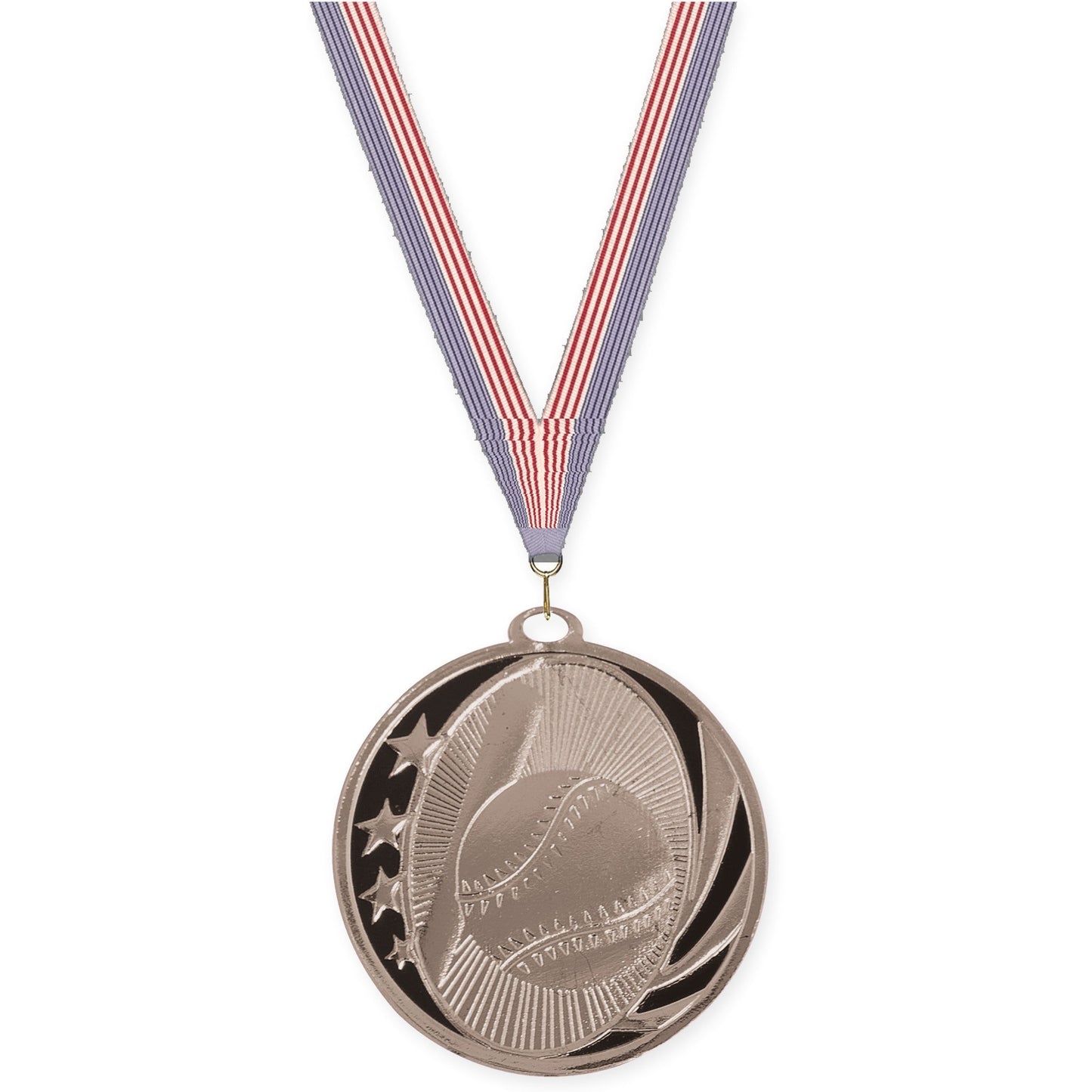 2 inch baseball and softball MidNite Star medal in bright silver with USA Flag neck ribbon