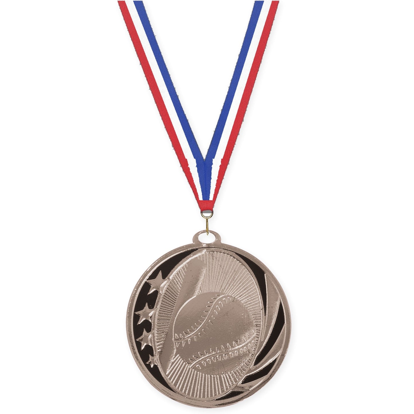 2 inch baseball and softball MidNite Star medal in bright silver with Red White Blue neck ribbon