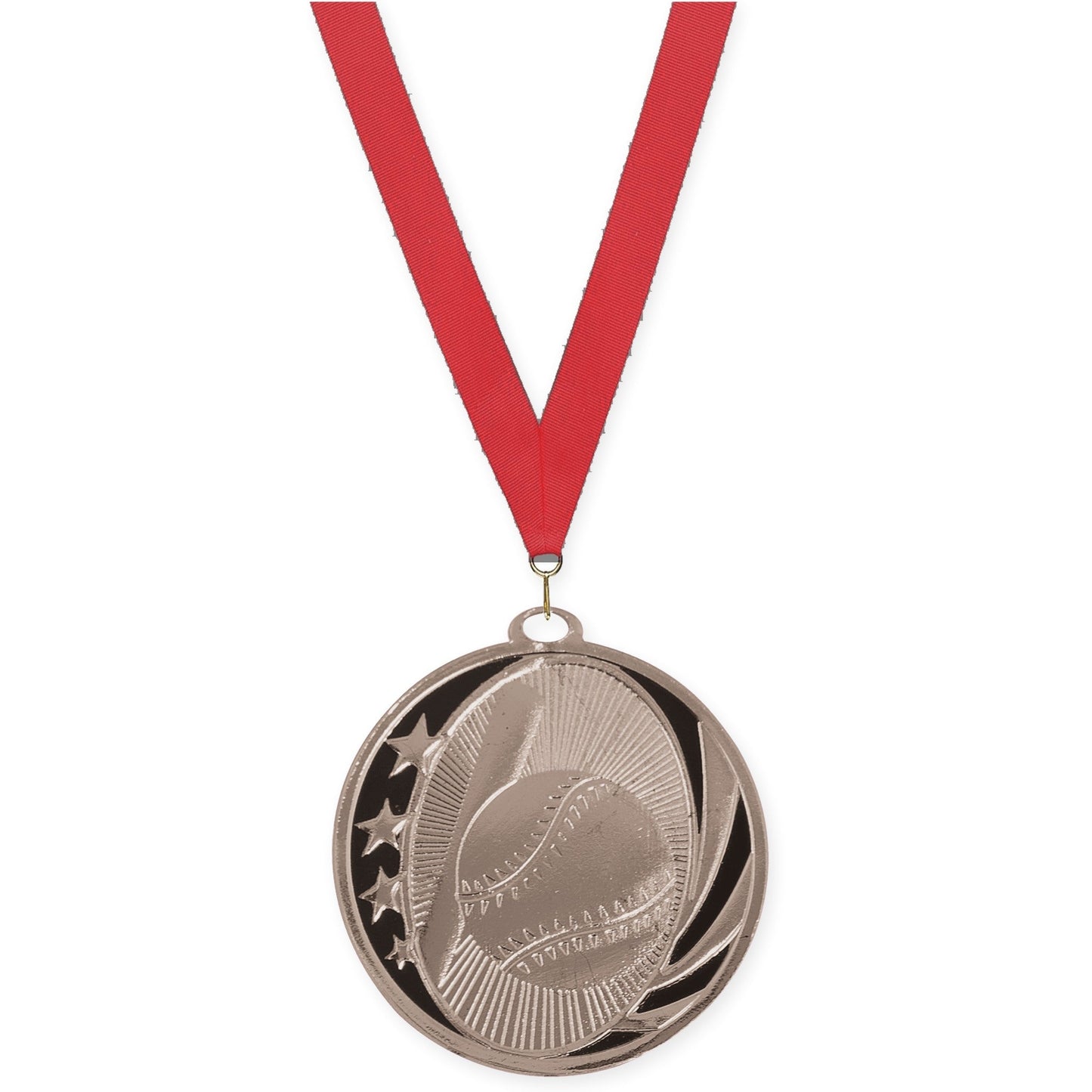 2 inch baseball and softball MidNite Star medal in bright silver with Red neck ribbon