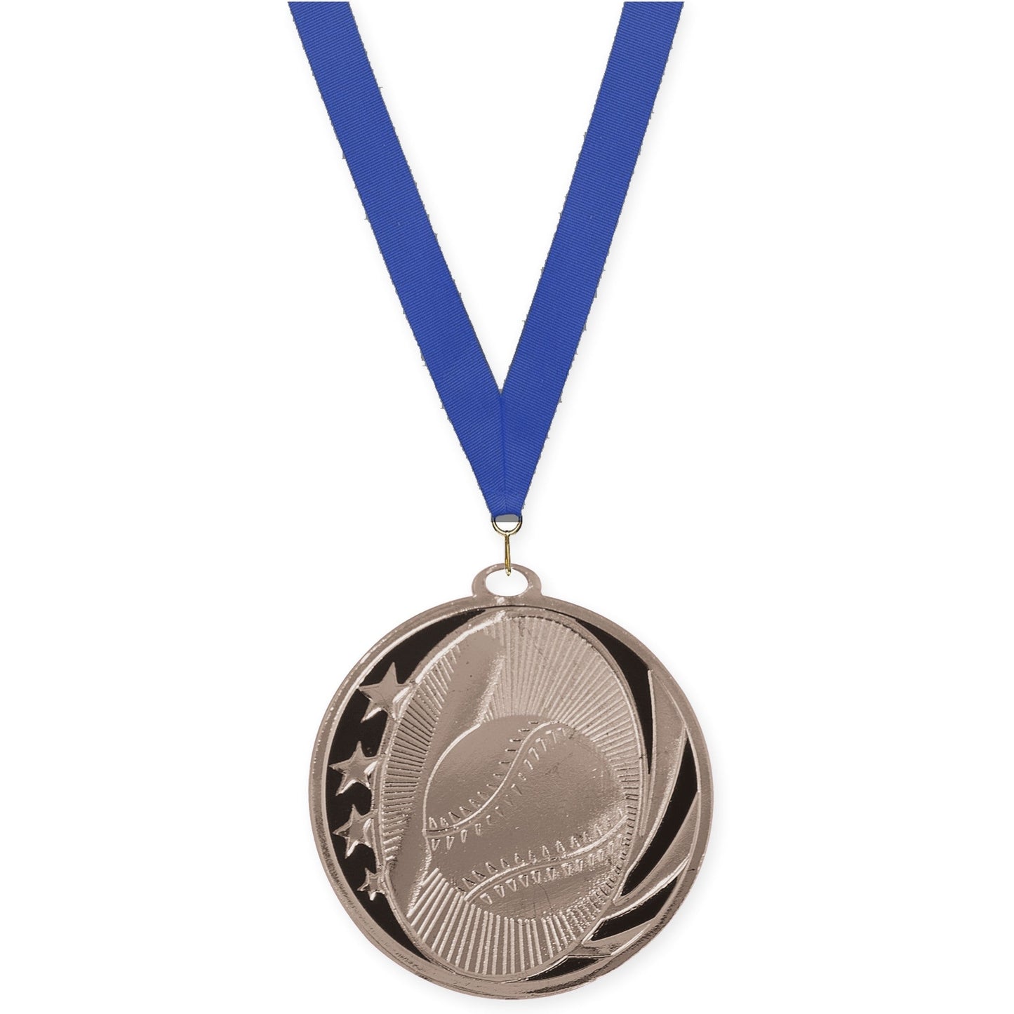 2 inch baseball and softball MidNite Star medal in bright silver with Blue neck ribbon