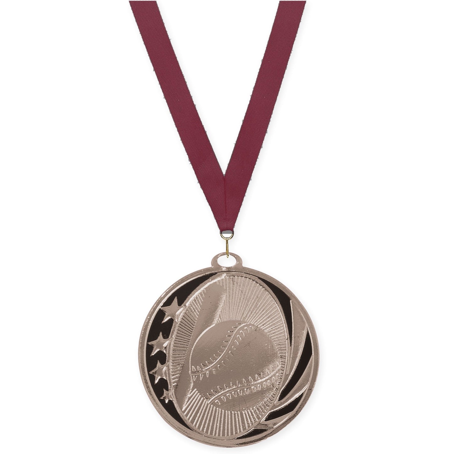 2 inch baseball and softball MidNite Star medal in bright silver with Maroon neck ribbon