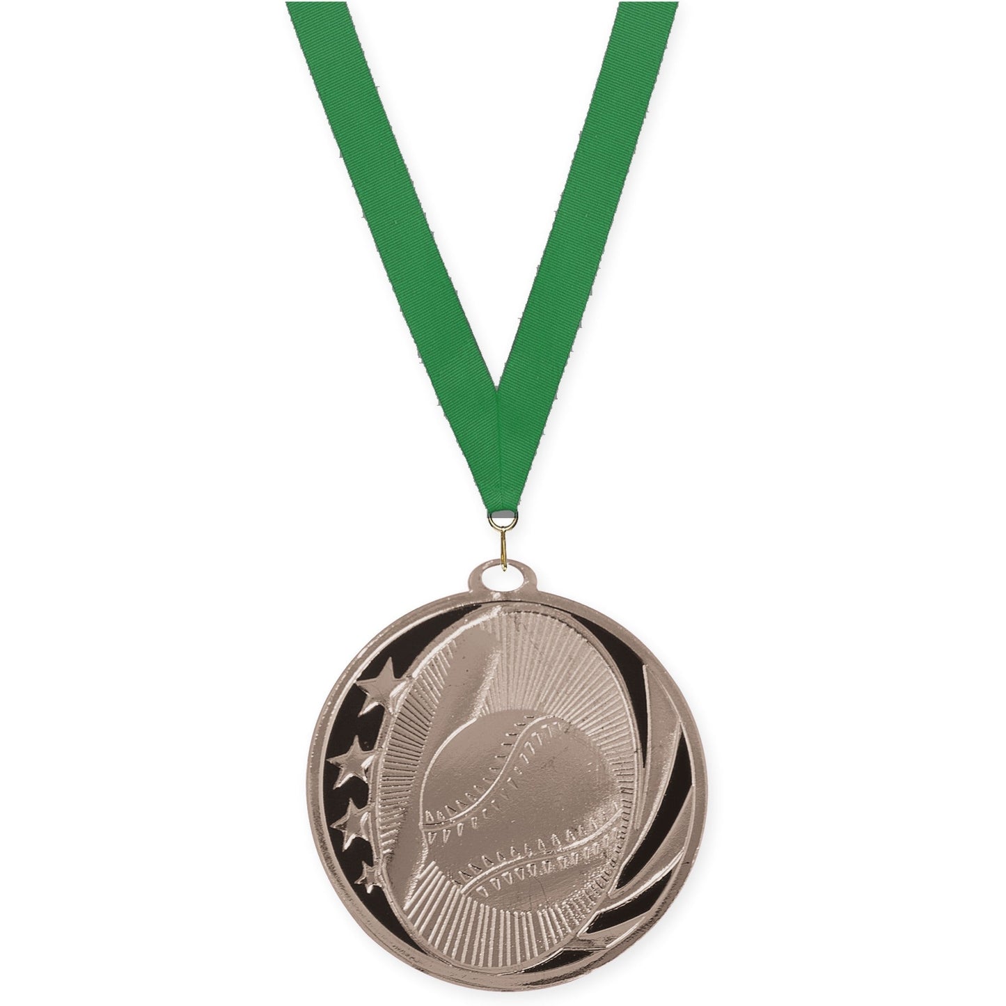 2 inch baseball and softball MidNite Star medal in bright silver with Green neck ribbon