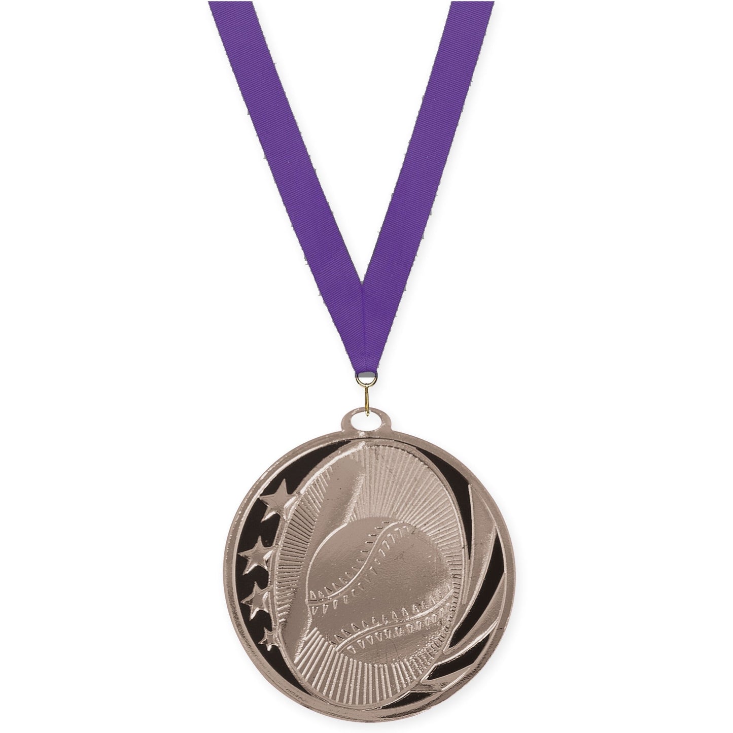 2 inch baseball and softball MidNite Star medal in bright silver with Purple neck ribbon
