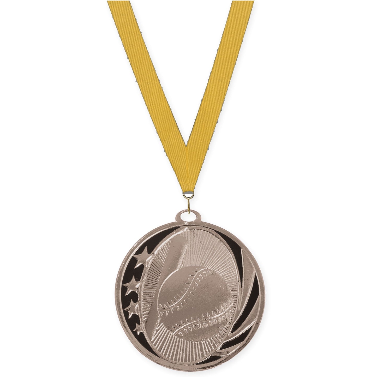 2 inch baseball and softball MidNite Star medal in bright silver with Gold neck ribbon