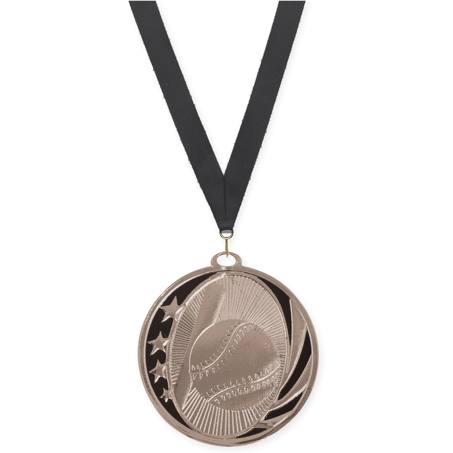 2 inch baseball and softball MidNite Star medal in bright silver with Black neck ribbon