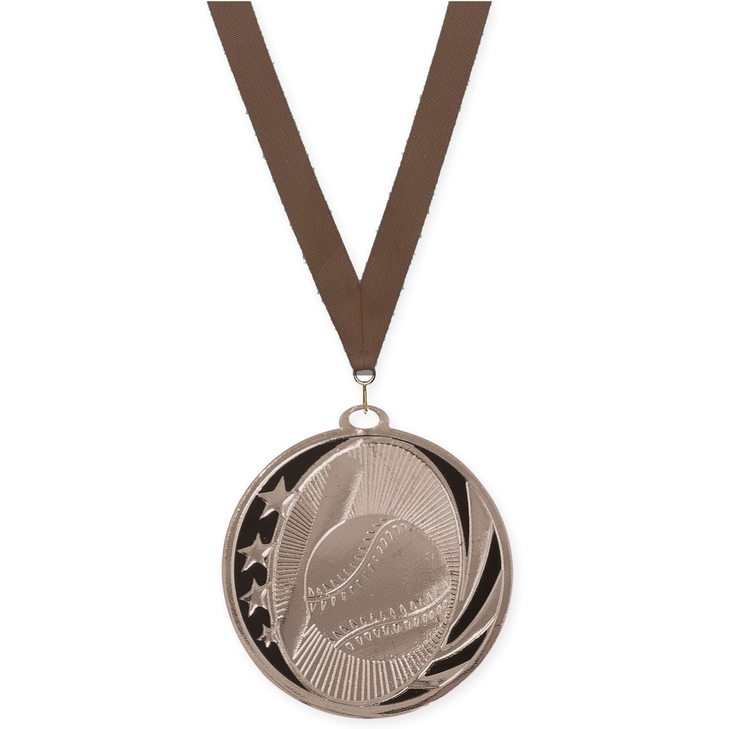 2 inch baseball and softball MidNite Star medal in bright silver with Brown neck ribbon