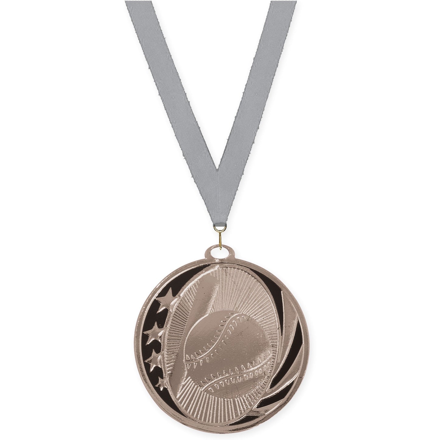2 inch baseball and softball MidNite Star medal in bright silver with Gray neck ribbon