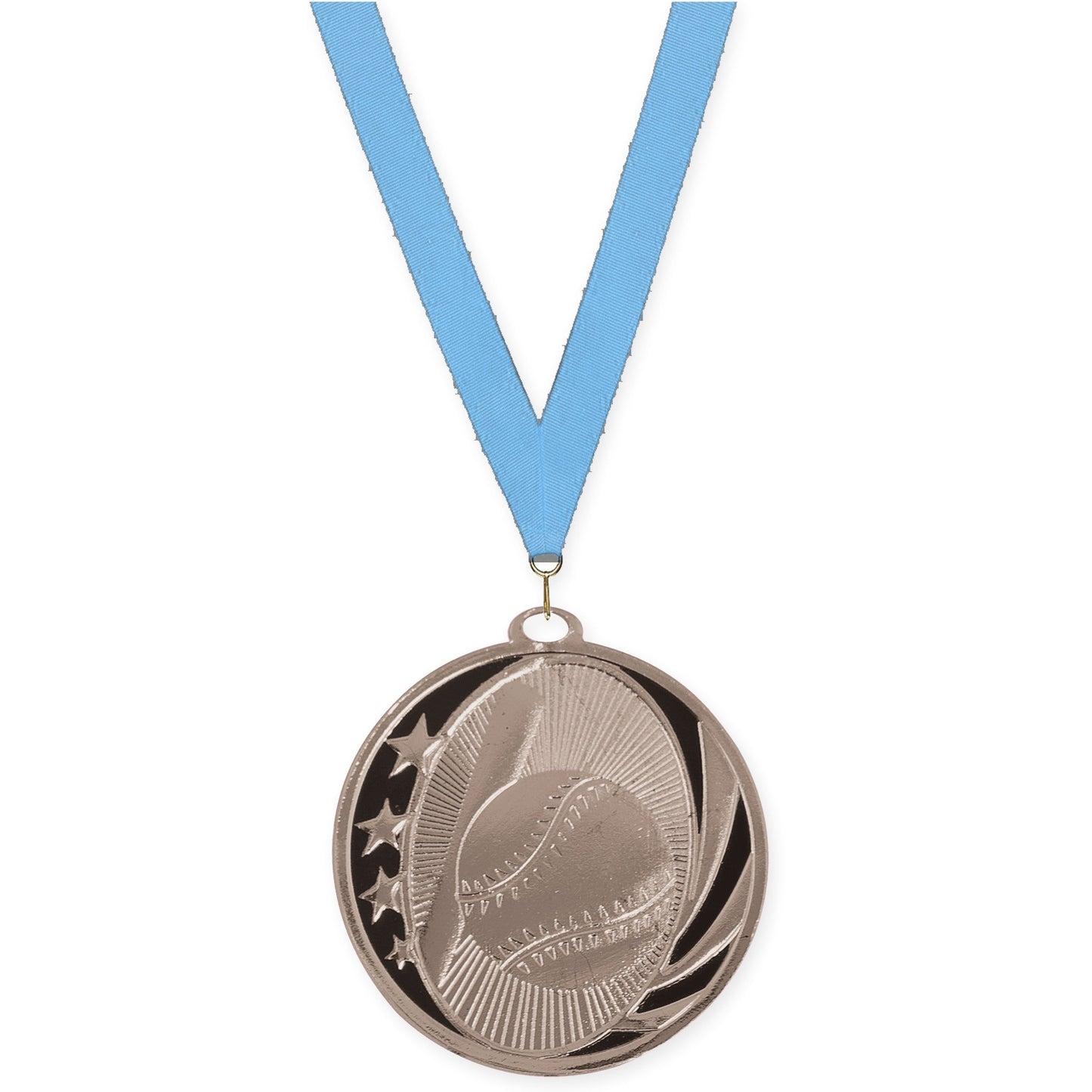 2 inch baseball and softball MidNite Star medal in bright silver with Light Blue neck ribbon
