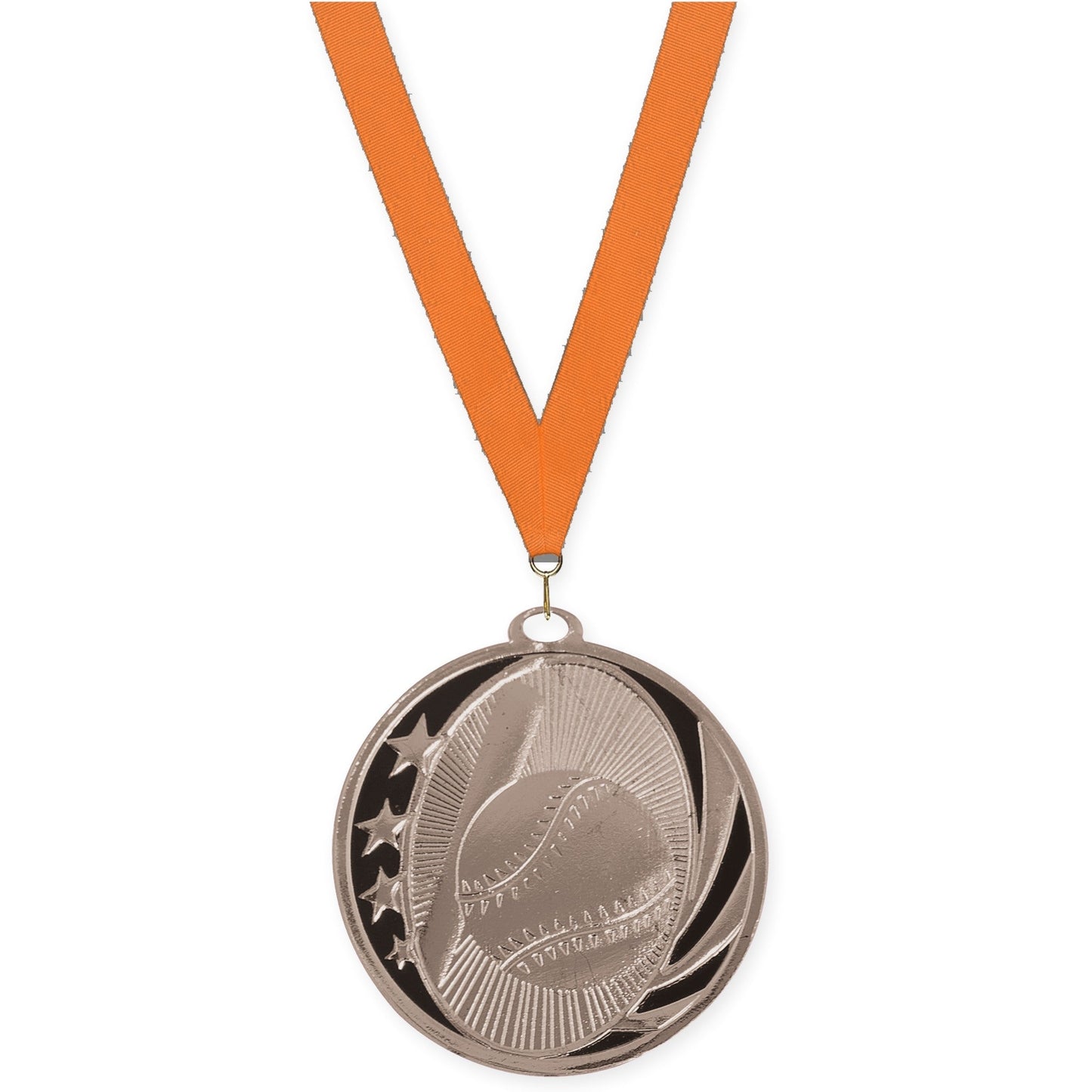 2 inch baseball and softball MidNite Star medal in bright silver with Orange neck ribbon