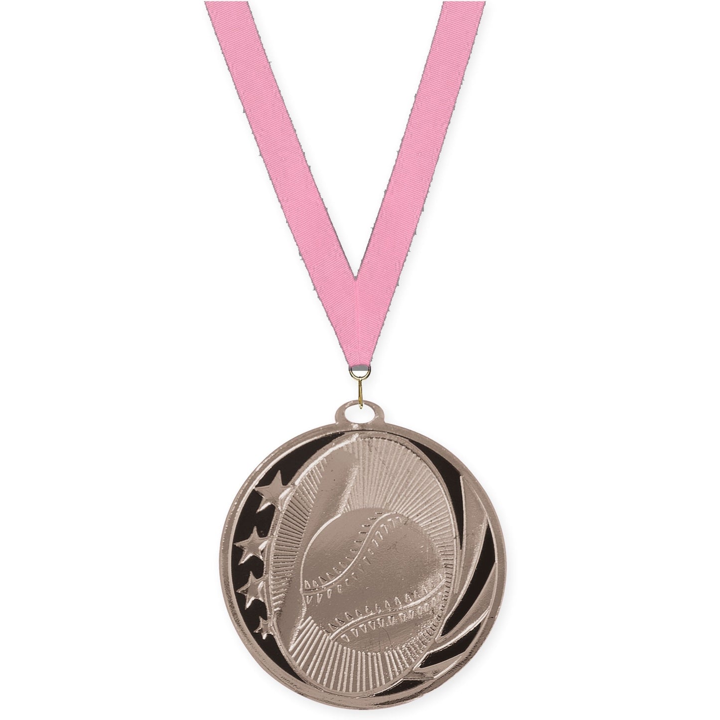 2 inch baseball and softball MidNite Star medal in bright silver with Pink neck ribbon