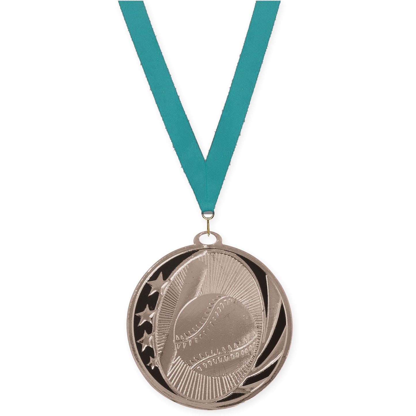 2 inch baseball and softball MidNite Star medal in bright silver with Teal neck ribbon