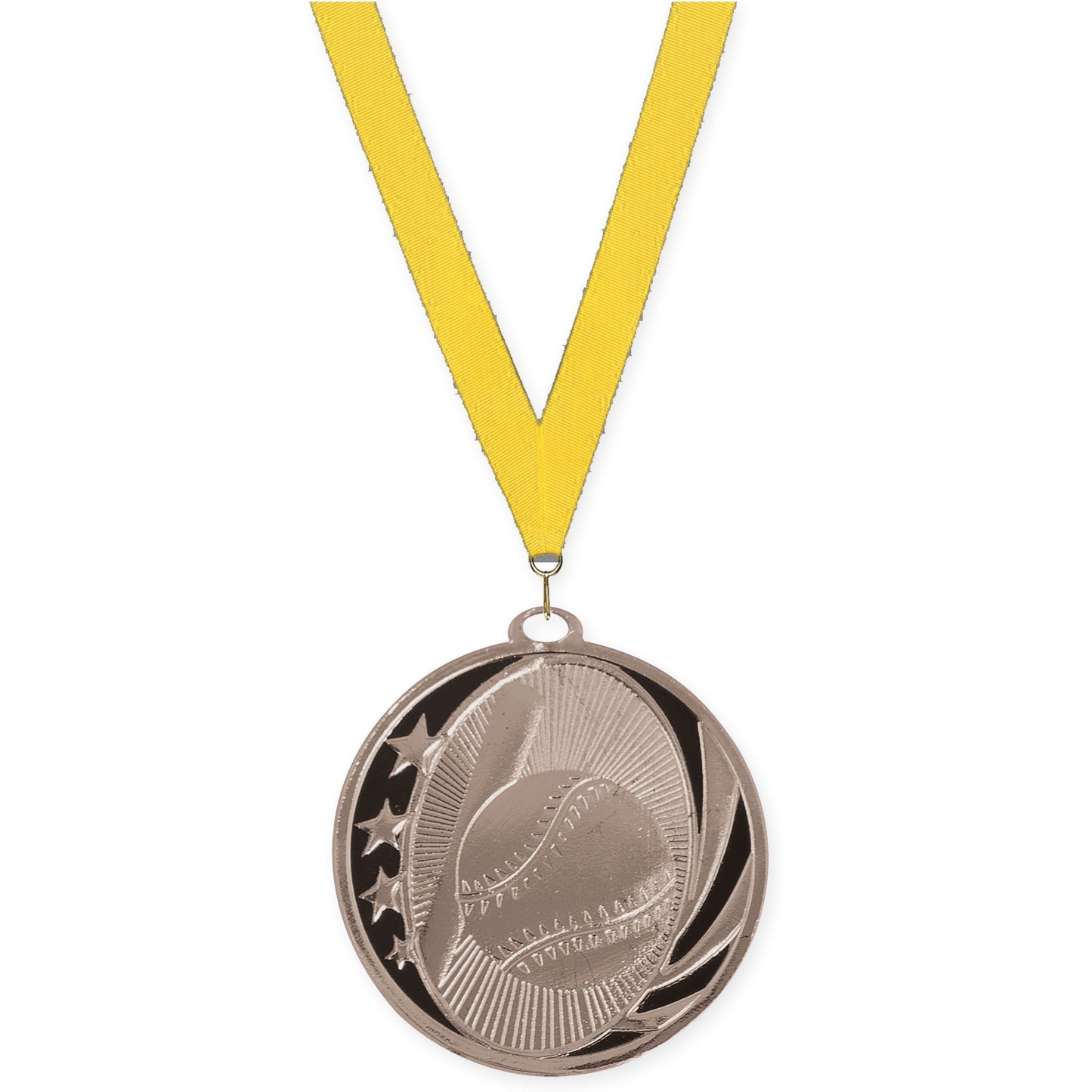 2 inch baseball and softball MidNite Star medal in bright silver with Yellow neck ribbon