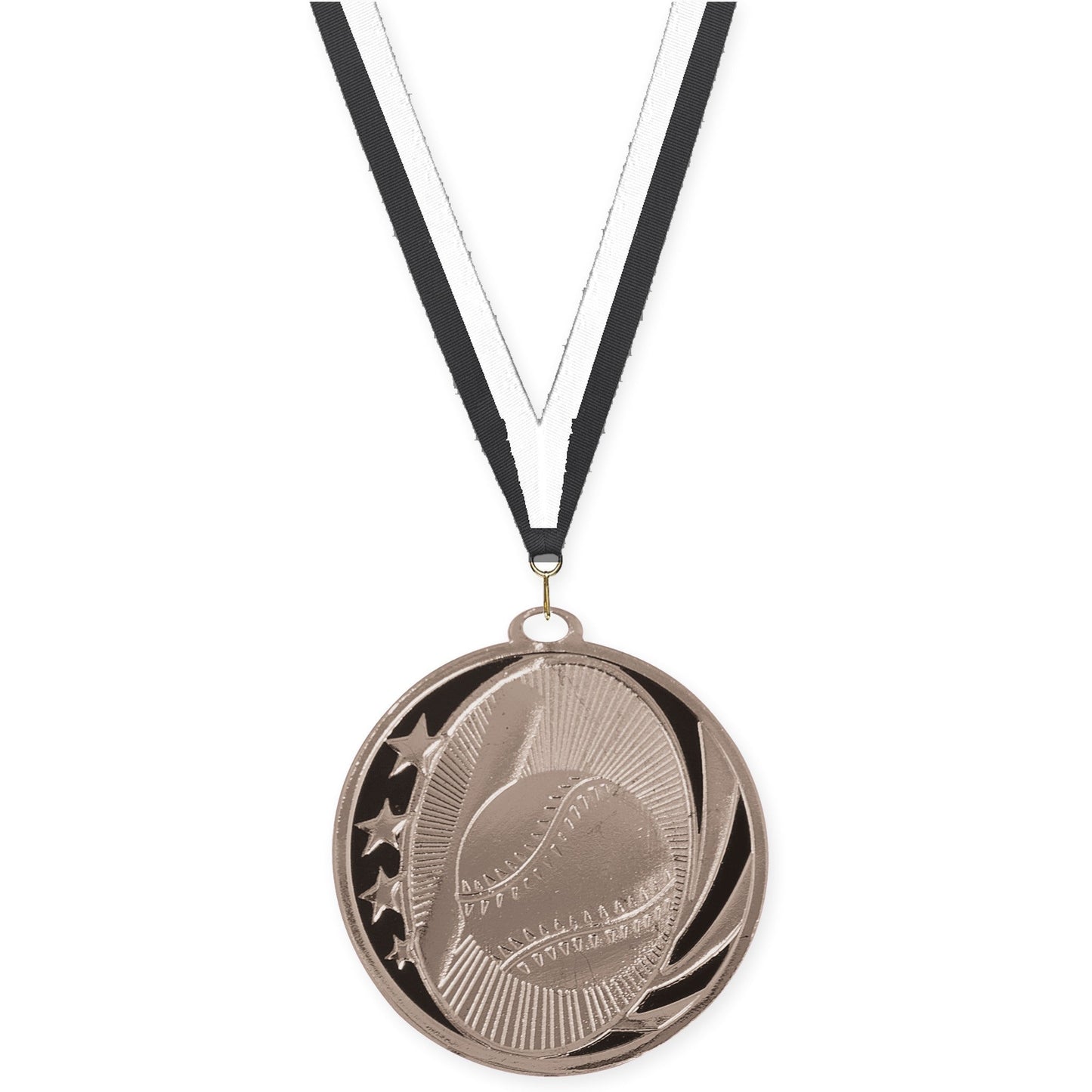 2 inch baseball and softball MidNite Star medal in bright silver with Black White neck ribbon