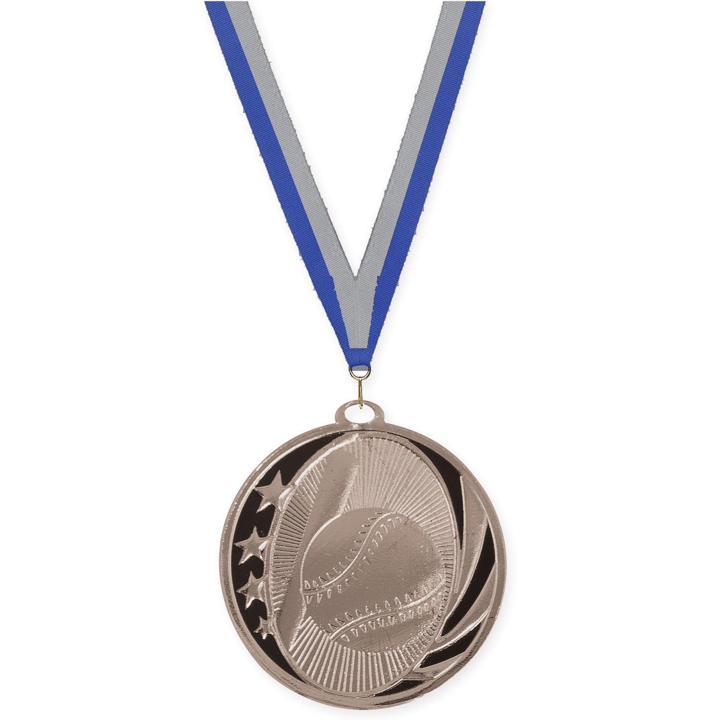 2 inch baseball and softball MidNite Star medal in bright silver with Blue Gray neck ribbon