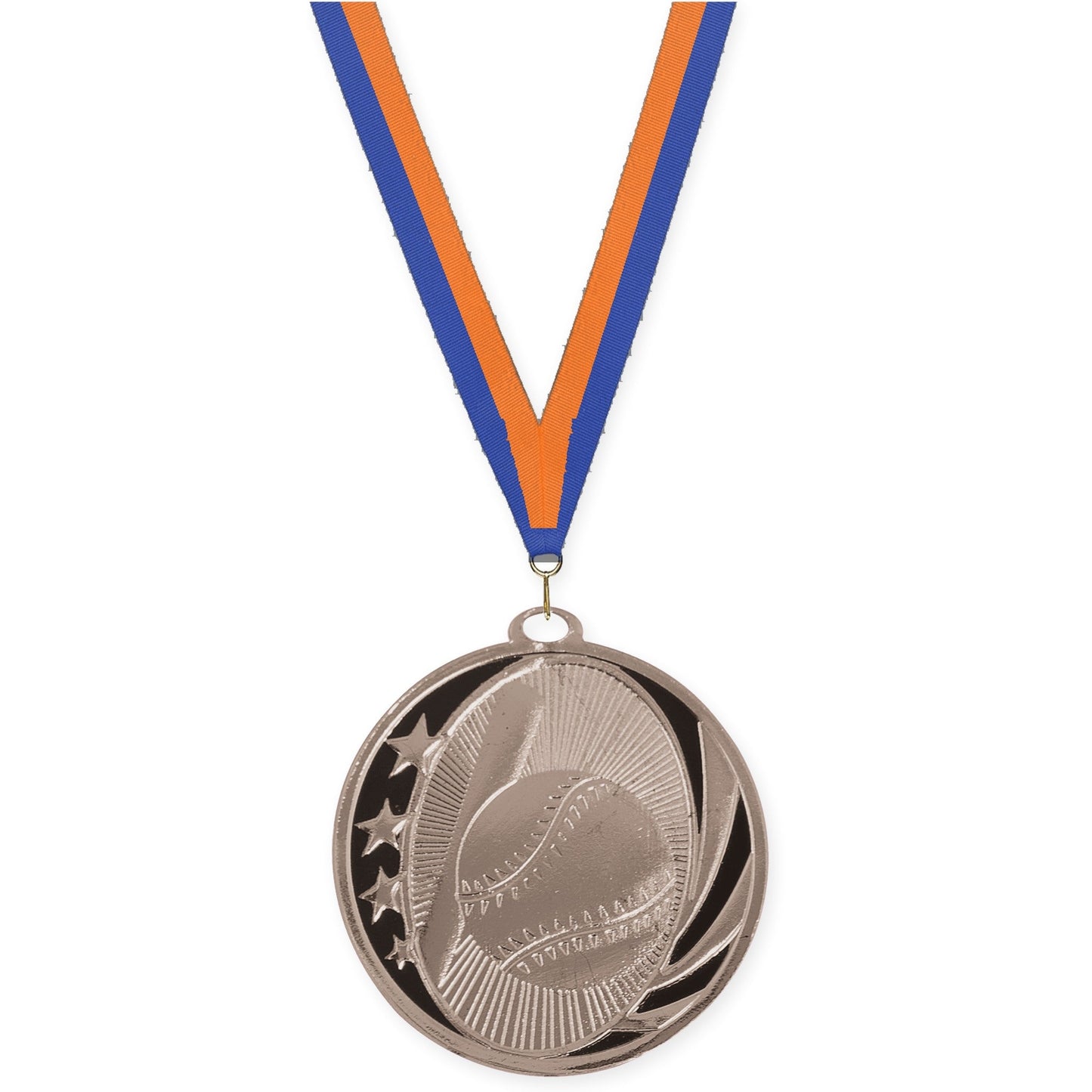 2 inch baseball and softball MidNite Star medal in bright silver with Blue Orange neck ribbon