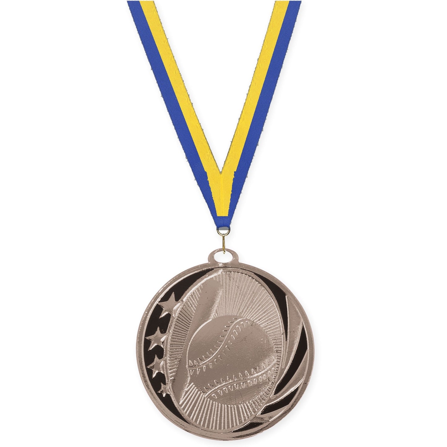 2 inch baseball and softball MidNite Star medal in bright silver with Blue Yellow neck ribbon