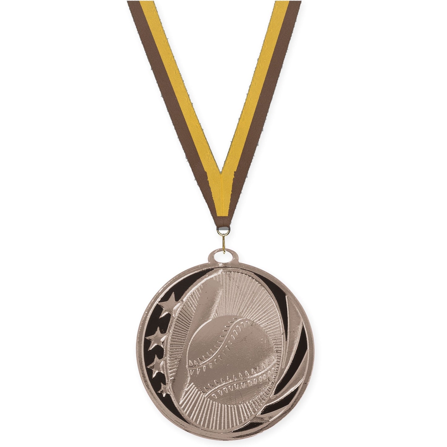 2 inch baseball and softball MidNite Star medal in bright silver with Brown Gold neck ribbon