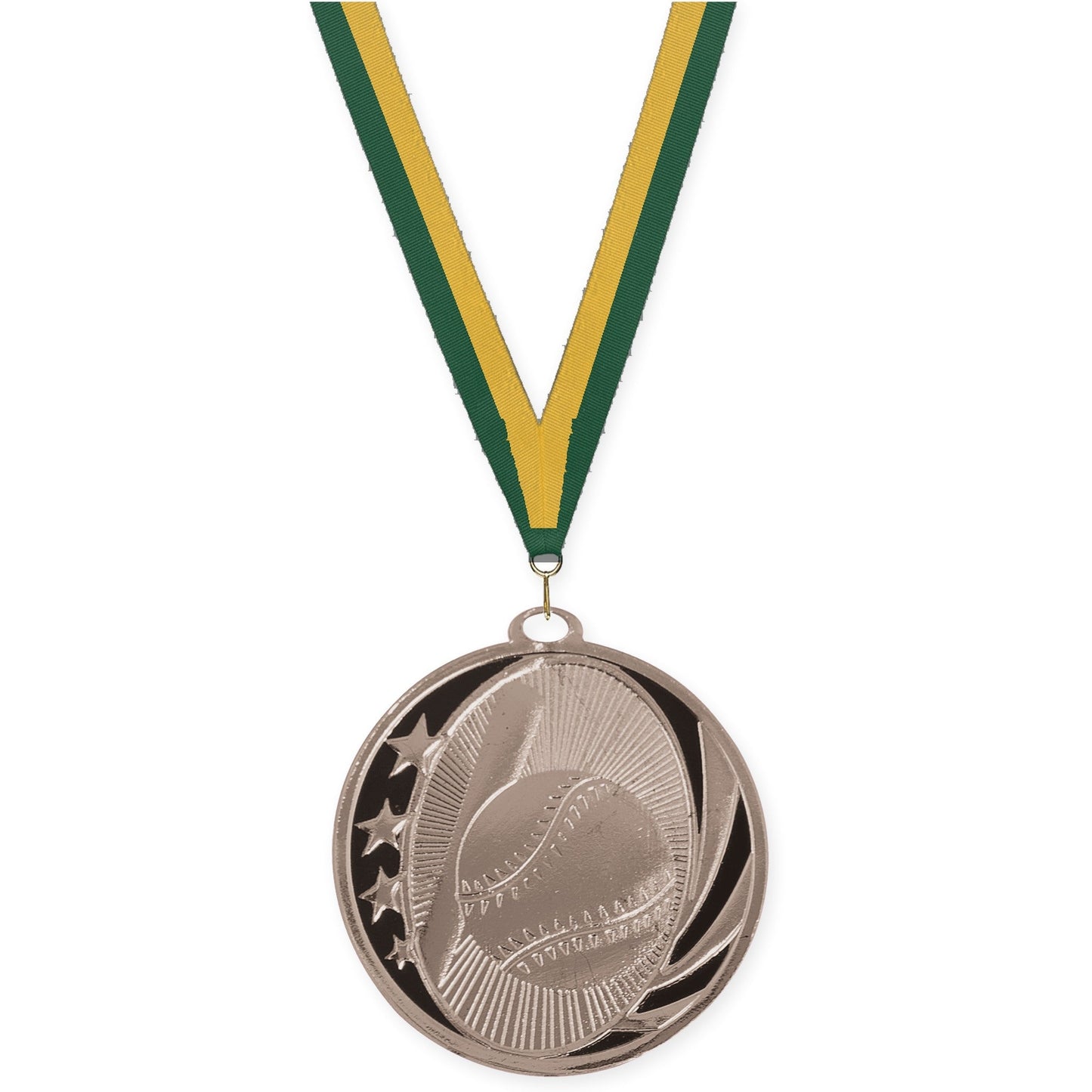 2 inch baseball and softball MidNite Star medal in bright silver with Hunter Green Gold neck ribbon