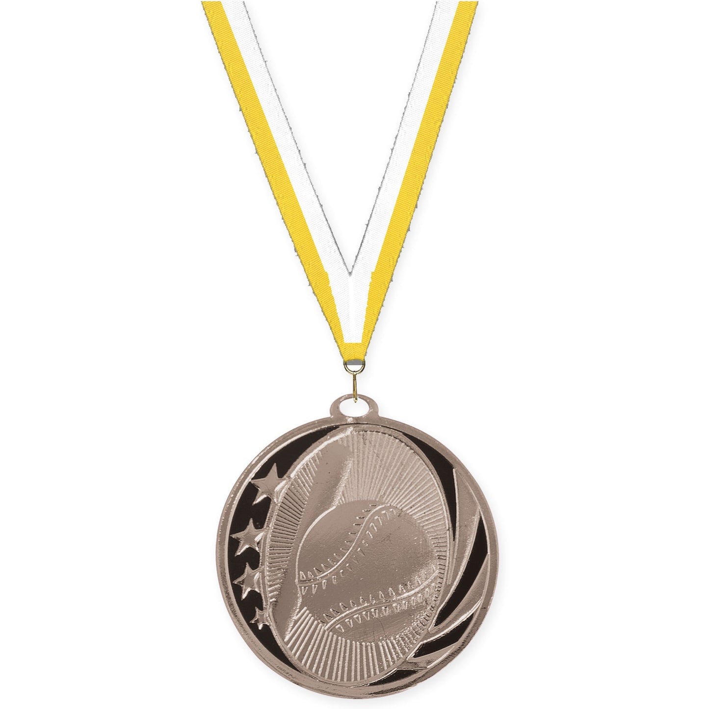2 inch baseball and softball MidNite Star medal in bright silver with Yellow White neck ribbon
