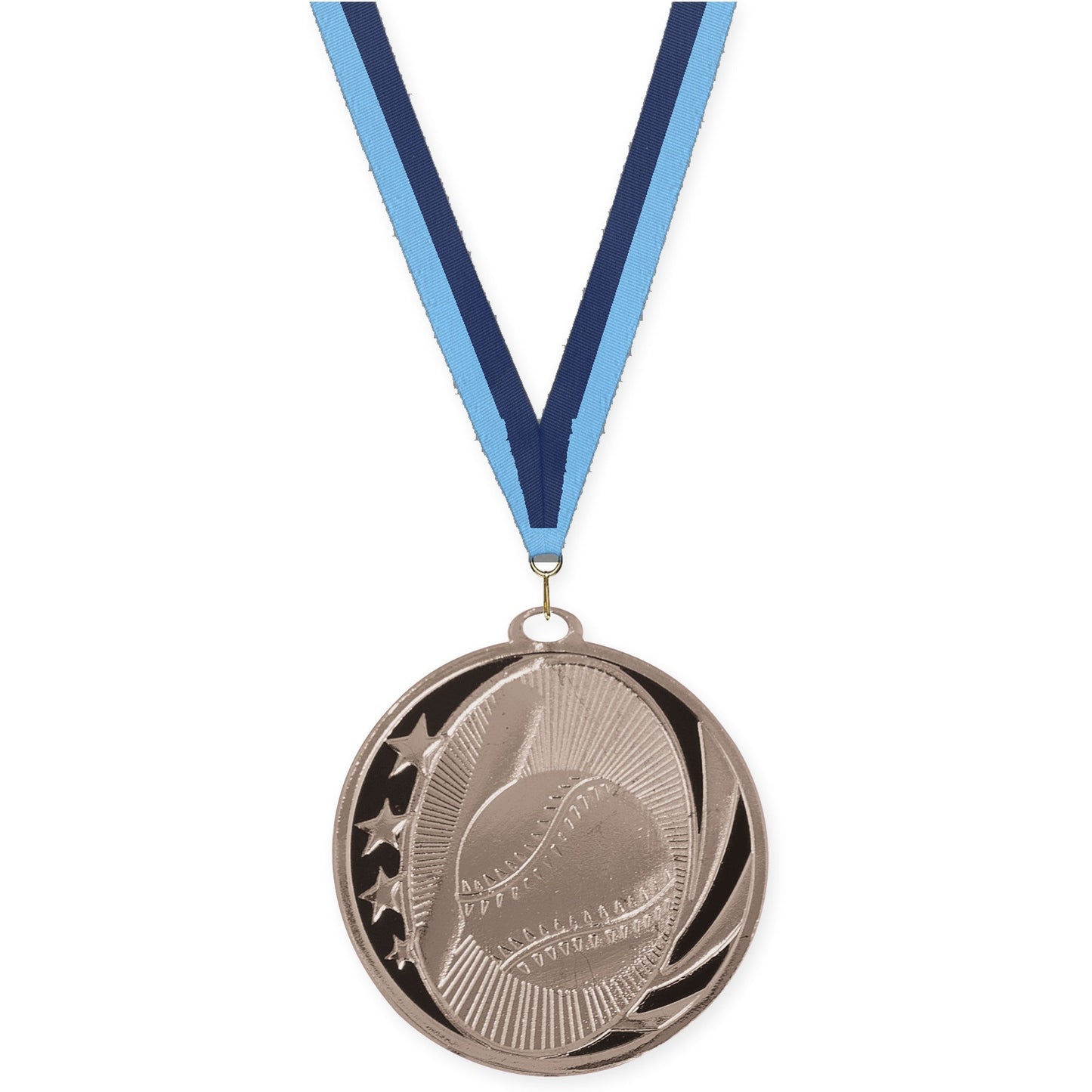 2 inch baseball and softball MidNite Star medal in bright silver with Light Blue Navy neck ribbon