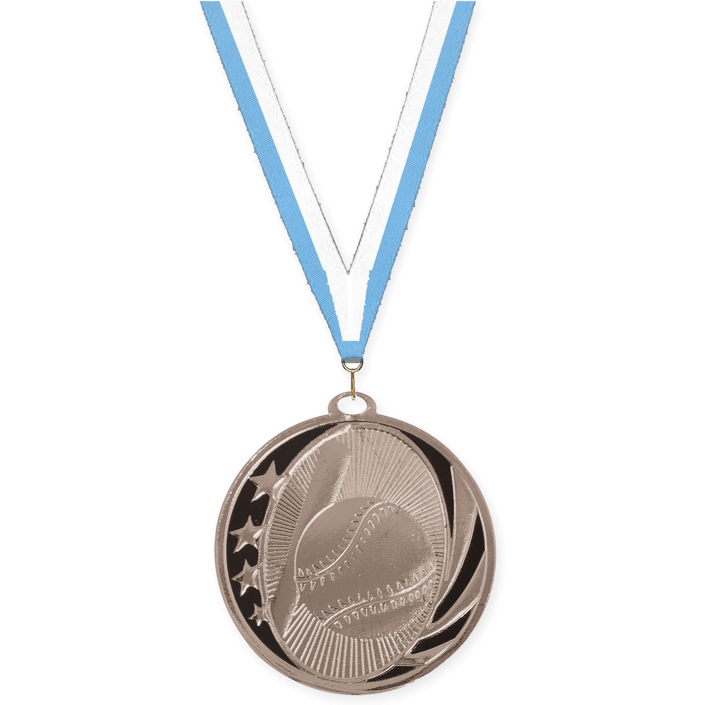 2 inch baseball and softball MidNite Star medal in bright silver with Light Blue White neck ribbon